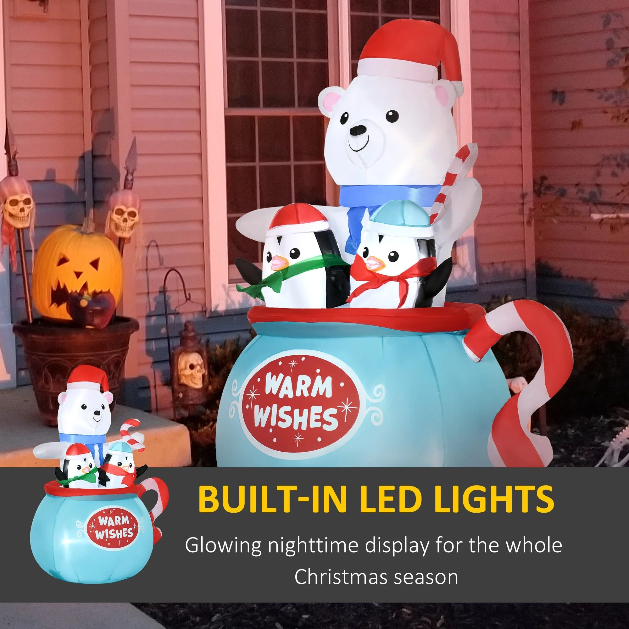 Outsunny 5ft Christmas Inflatable Outdoor Decoration Blessed Polar Bear and Penguins in the Cup - Image 5