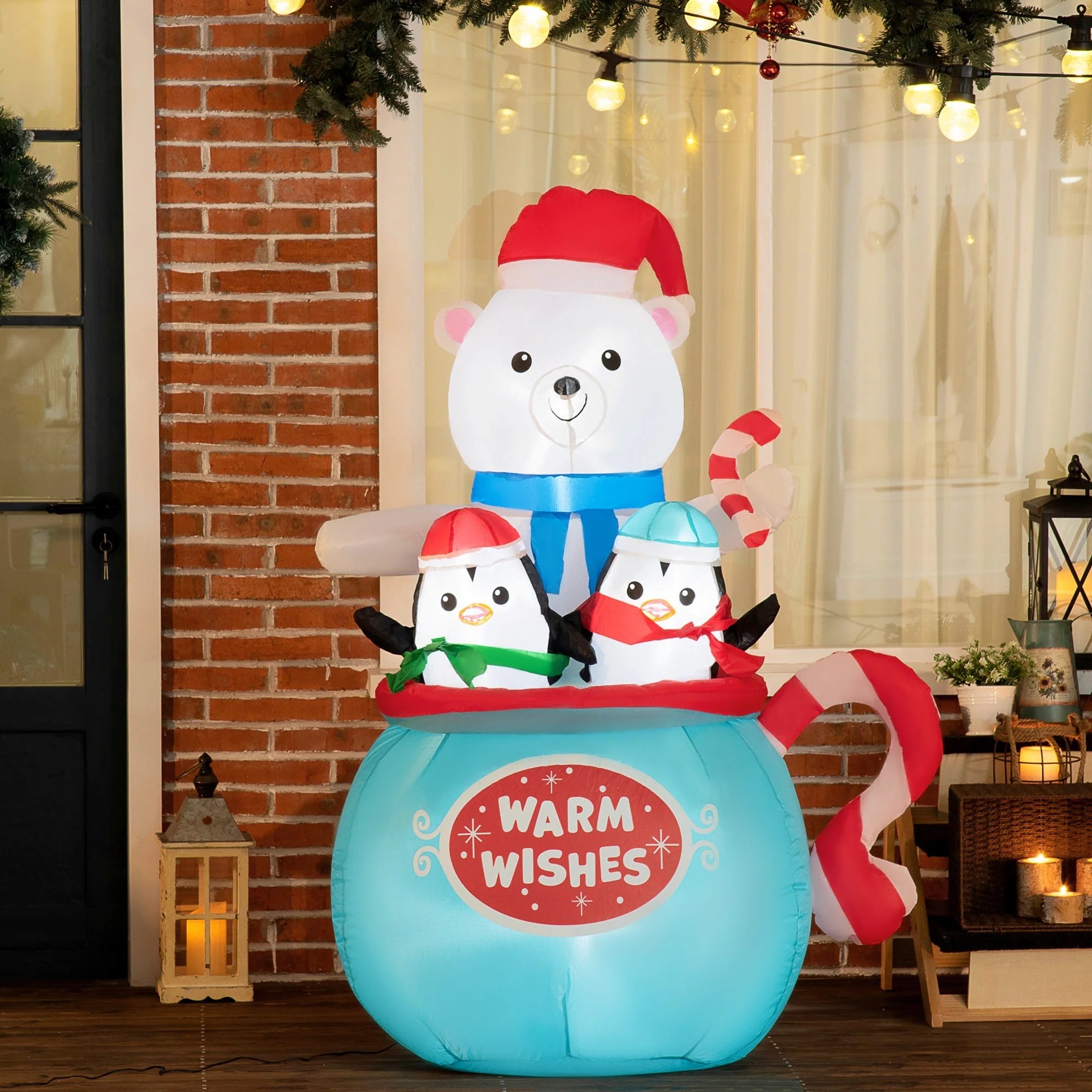 Outsunny 5ft Christmas Inflatable Outdoor Decoration Blessed Polar Bear and Penguins in the Cup - Image 7