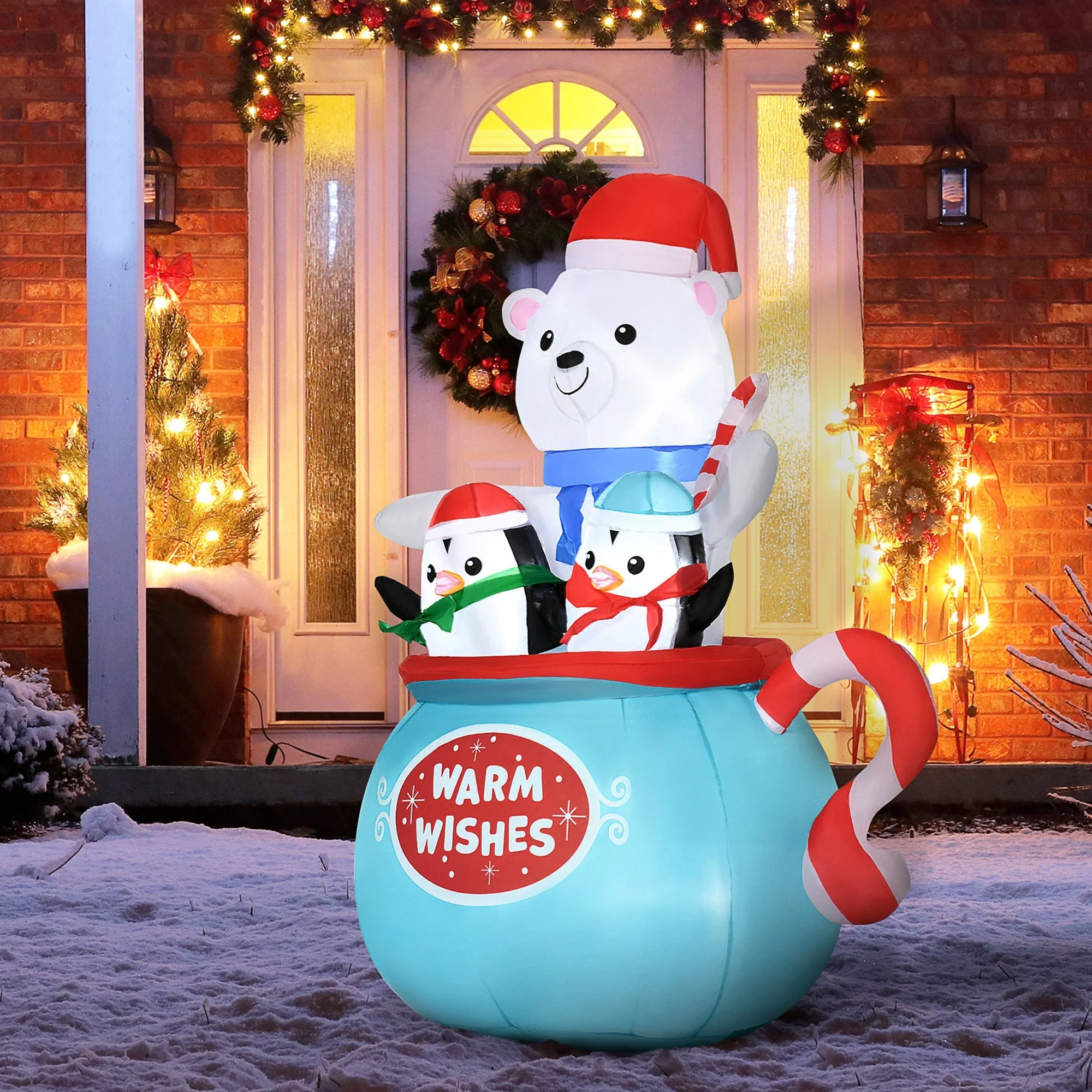 Outsunny 5ft Christmas Inflatable Outdoor Decoration Blessed Polar Bear and Penguins in the Cup - Image 8