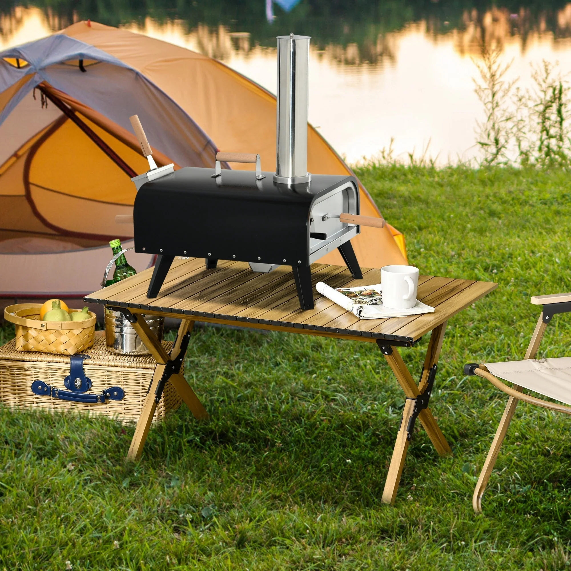 Outsunny Outdoor Pizza Oven with 12" Rotating Stone and Foldable Legs - Image 2