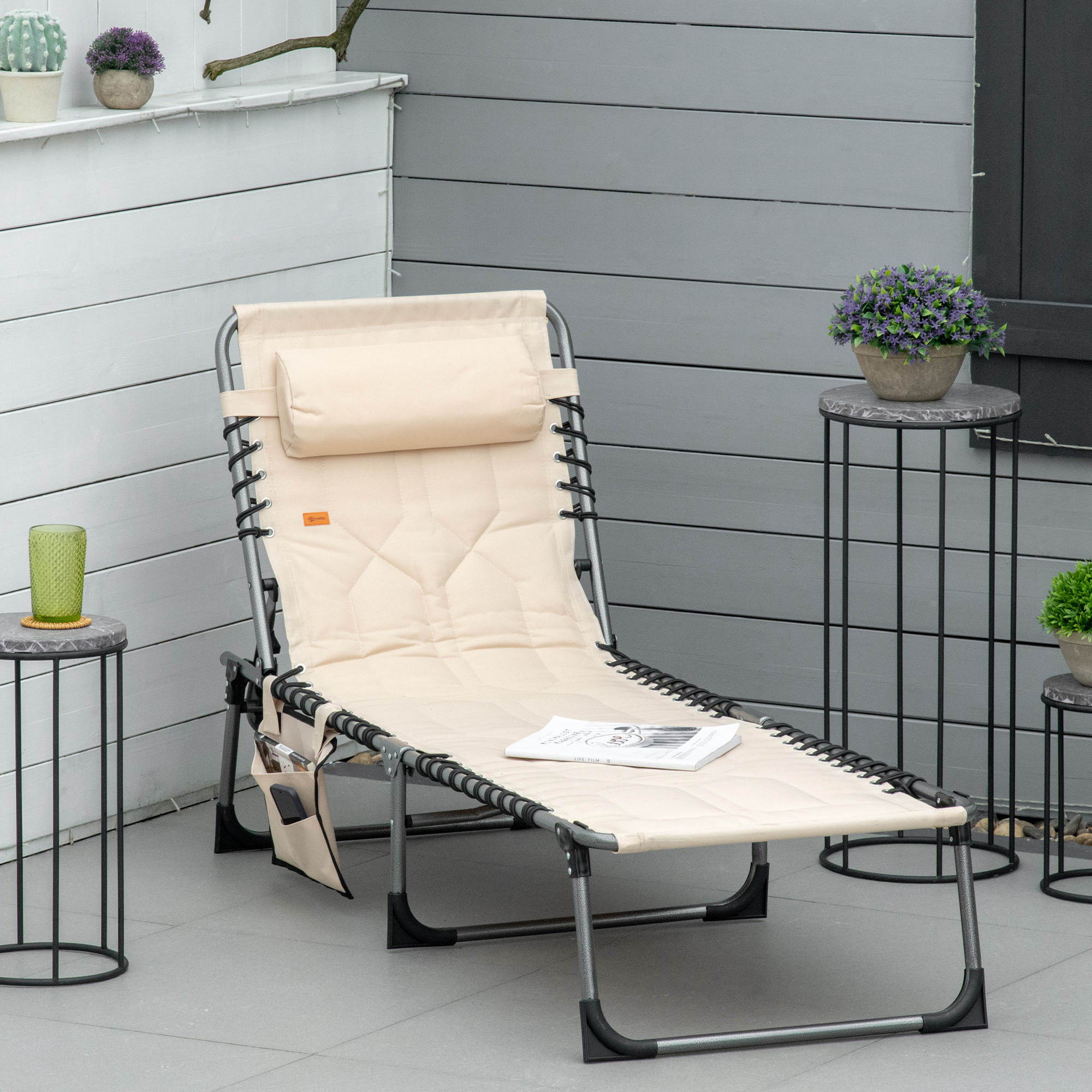 Outsunny - Padded Folding Chaise Lounge Chair, Outdoor 6-Level Reclining Camping Tanning Chair With Headrest For Beach, Yard, Patio, Pool - Beige - Image 2