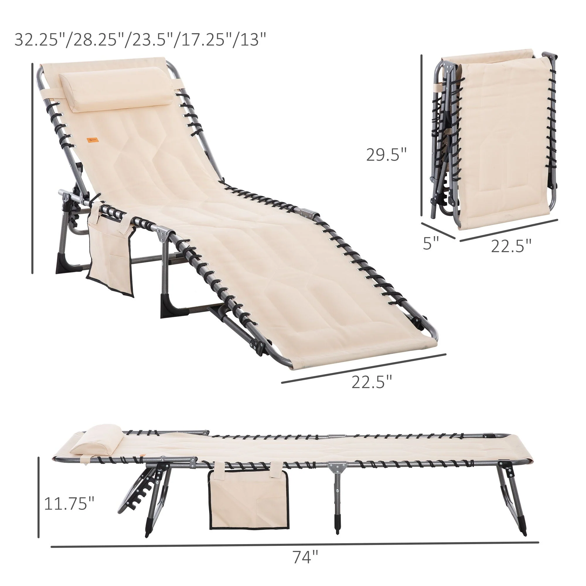 Outsunny - Padded Folding Chaise Lounge Chair, Outdoor 6-Level Reclining Camping Tanning Chair With Headrest For Beach, Yard, Patio, Pool - Beige - Image 3