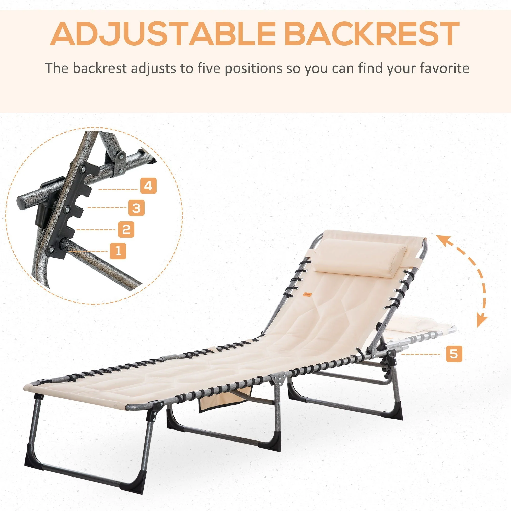 Outsunny - Padded Folding Chaise Lounge Chair, Outdoor 6-Level Reclining Camping Tanning Chair With Headrest For Beach, Yard, Patio, Pool - Beige - Image 4