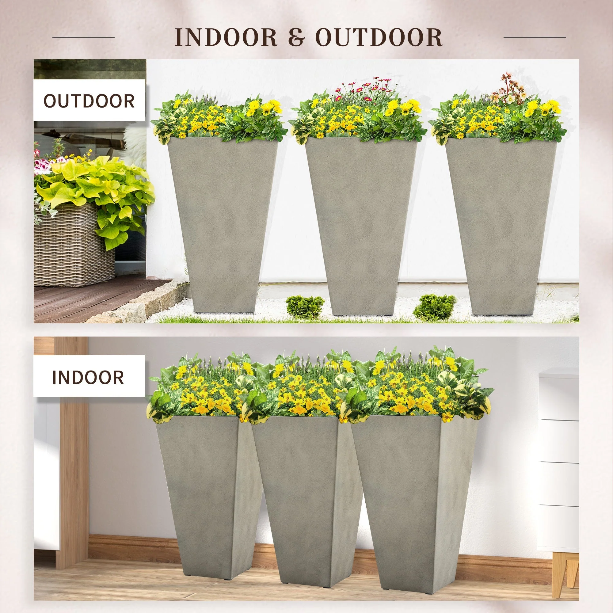 Outsunny Set of 3 Tall Planters with Drainage Hole, Gray - Image 6