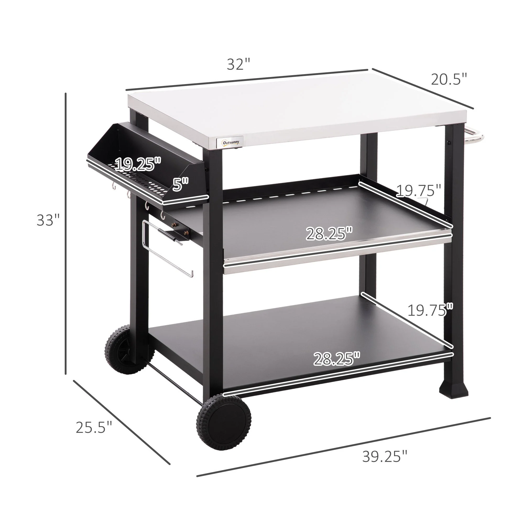 Outsunny Three-Shelf Outdoor Grill Cart with Stainless Steel Tabletop - Image 3