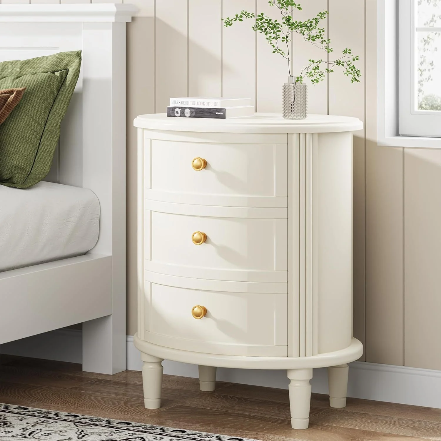 Oval Nightstand With 3 Drawers, Bedside Table - White - Image 2