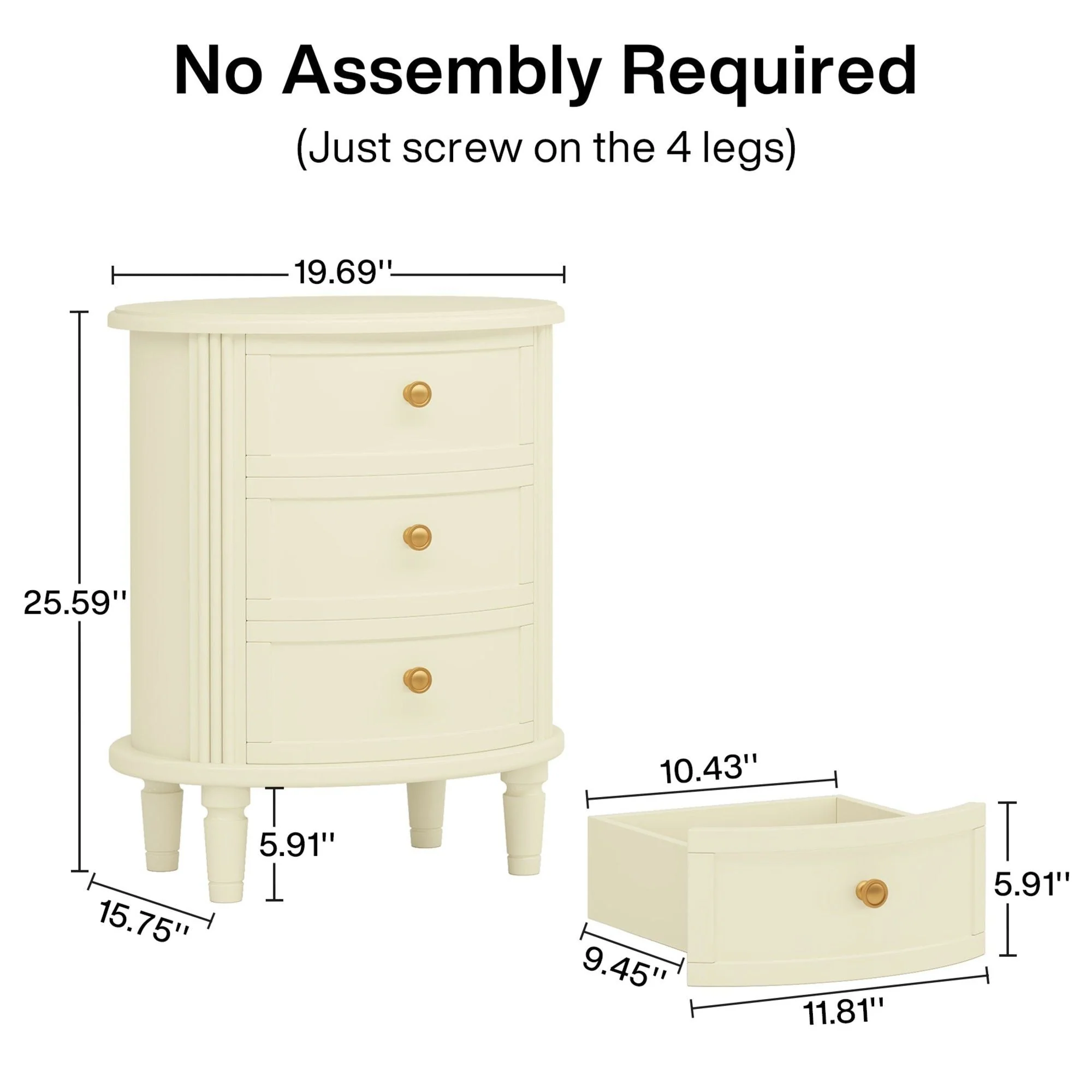 Oval Nightstand With 3 Drawers, Bedside Table - White - Image 3