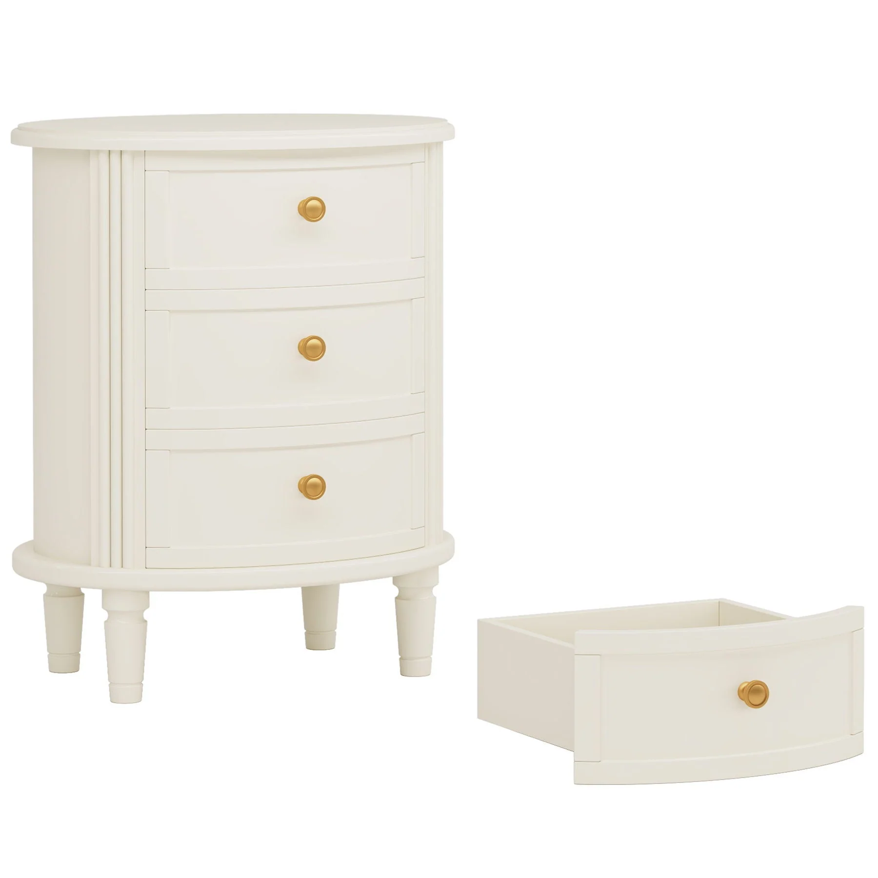 Oval Nightstand With 3 Drawers, Bedside Table - White - Image 4