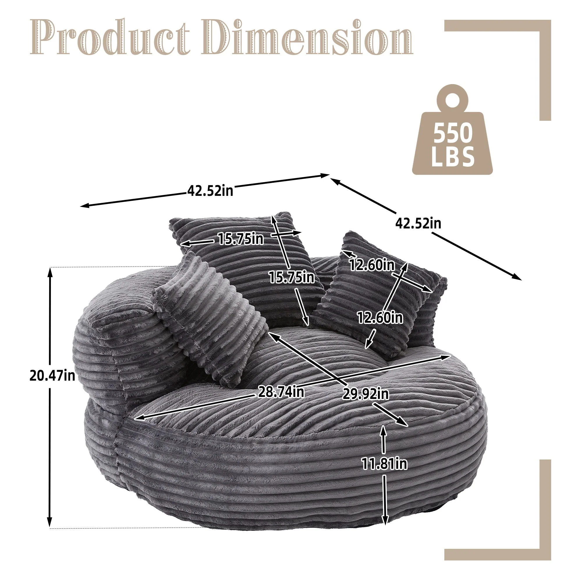 Oversized Bean Bag Chair With 3 Pillows & Armrest - Dark Gray - Image 2