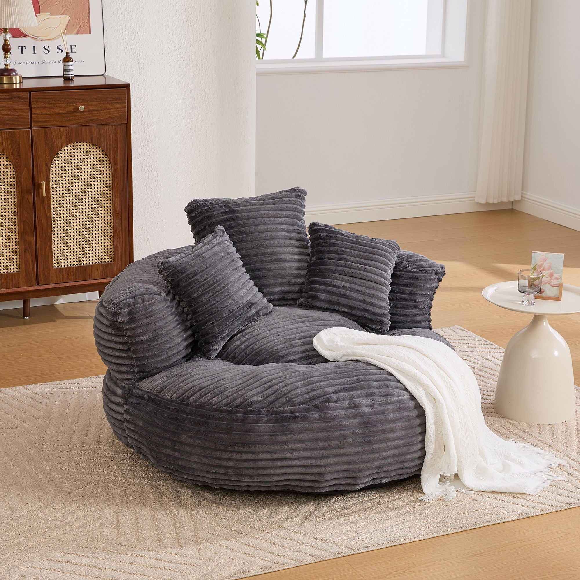 Oversized Bean Bag Chair With 3 Pillows & Armrest - Dark Gray - Image 3