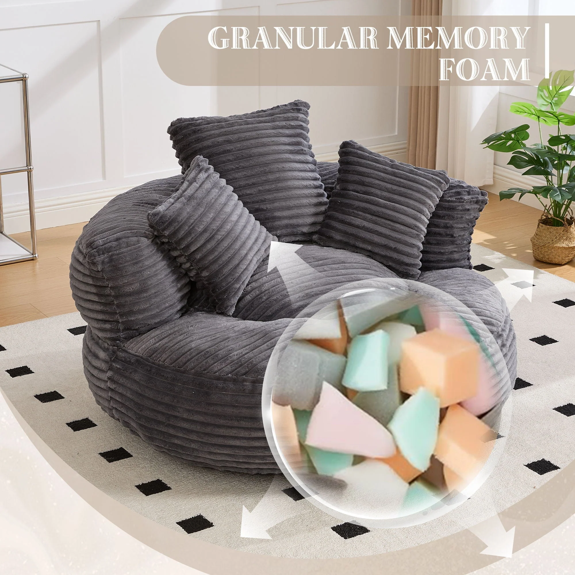 Oversized Bean Bag Chair With 3 Pillows & Armrest - Dark Gray - Image 4