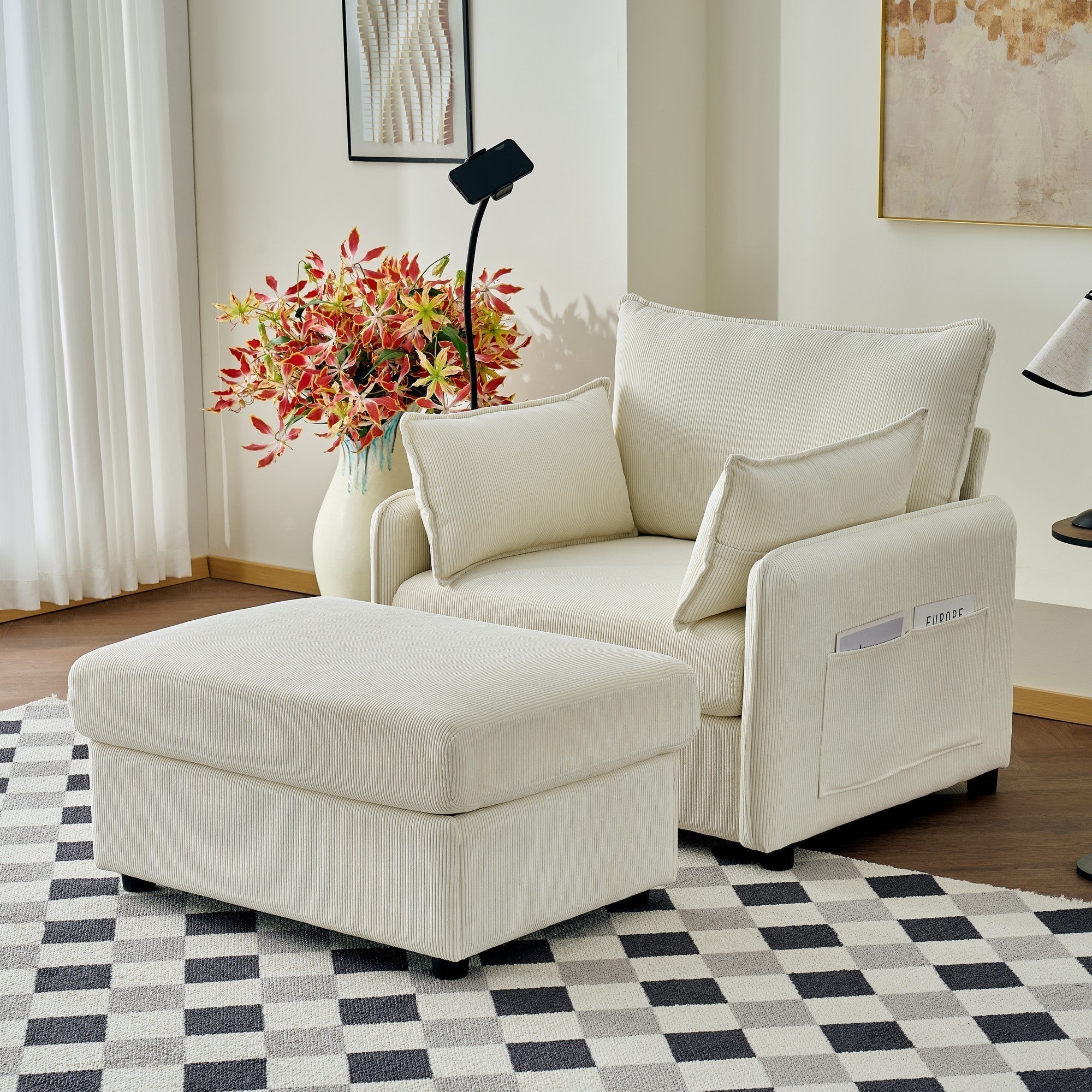 Oversized Chaise Lounge Chair with Ottoman and Storage in Beige - Image 2