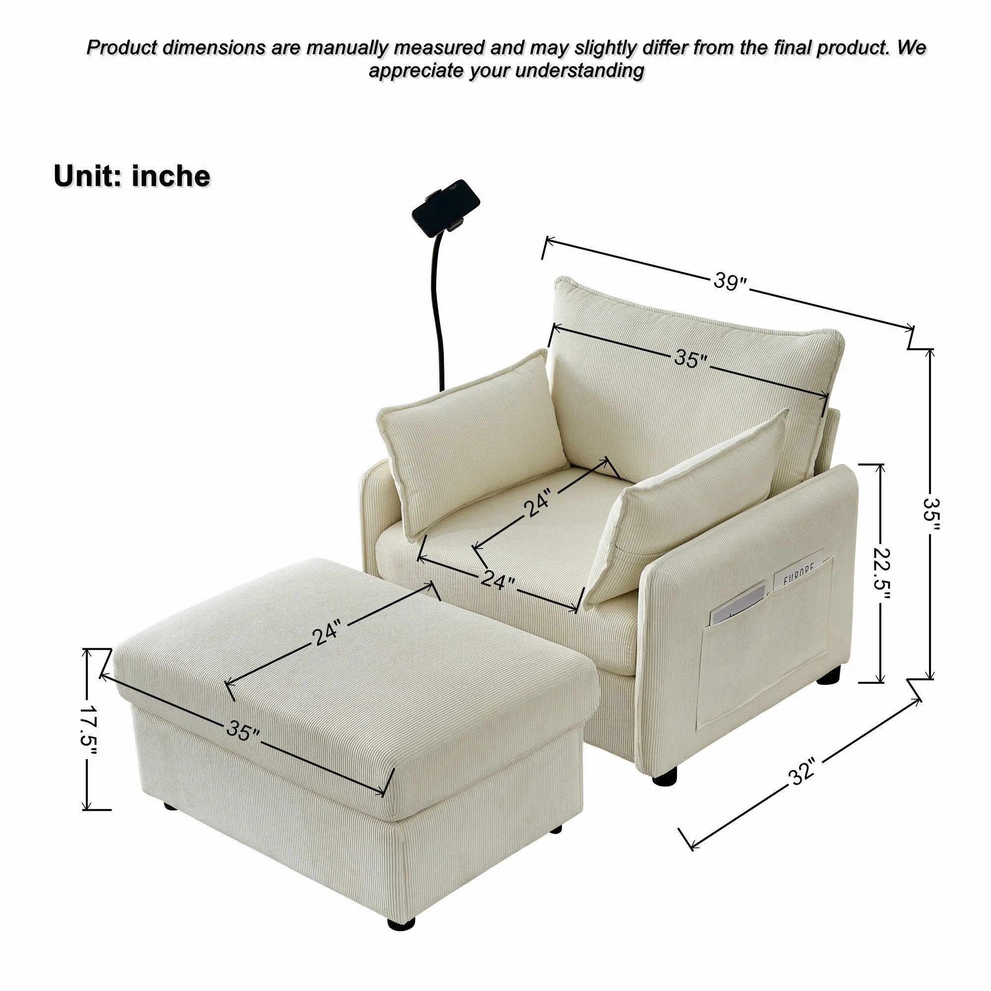 Oversized Chaise Lounge Chair with Ottoman and Storage in Beige - Image 3