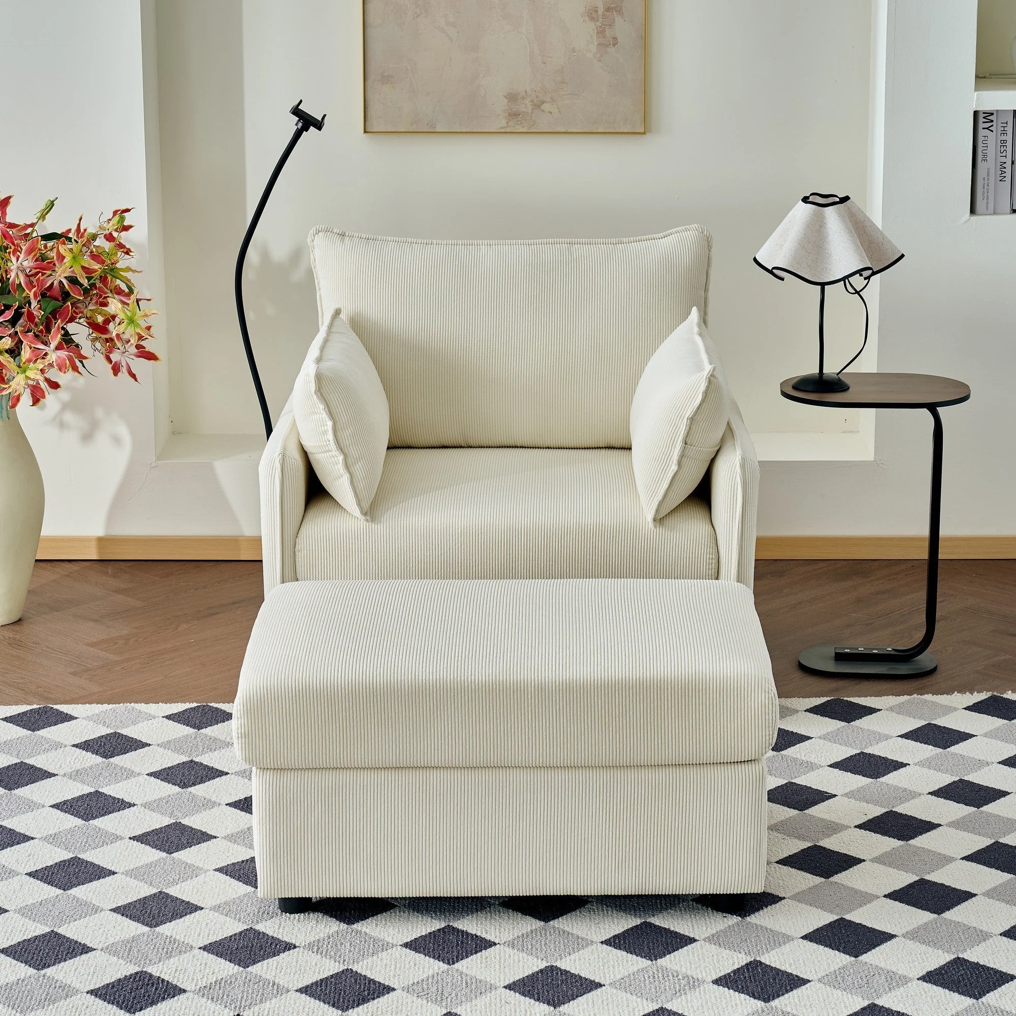 Oversized Chaise Lounge Chair with Ottoman and Storage in Beige - Image 4