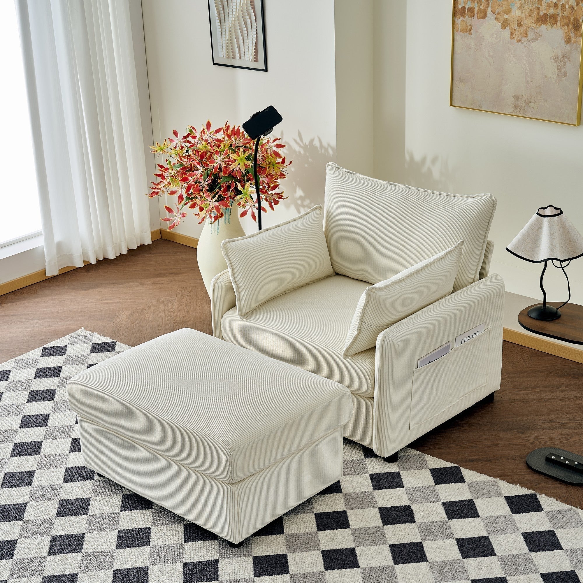 Oversized Chaise Lounge Chair with Ottoman and Storage in Beige - Image 5