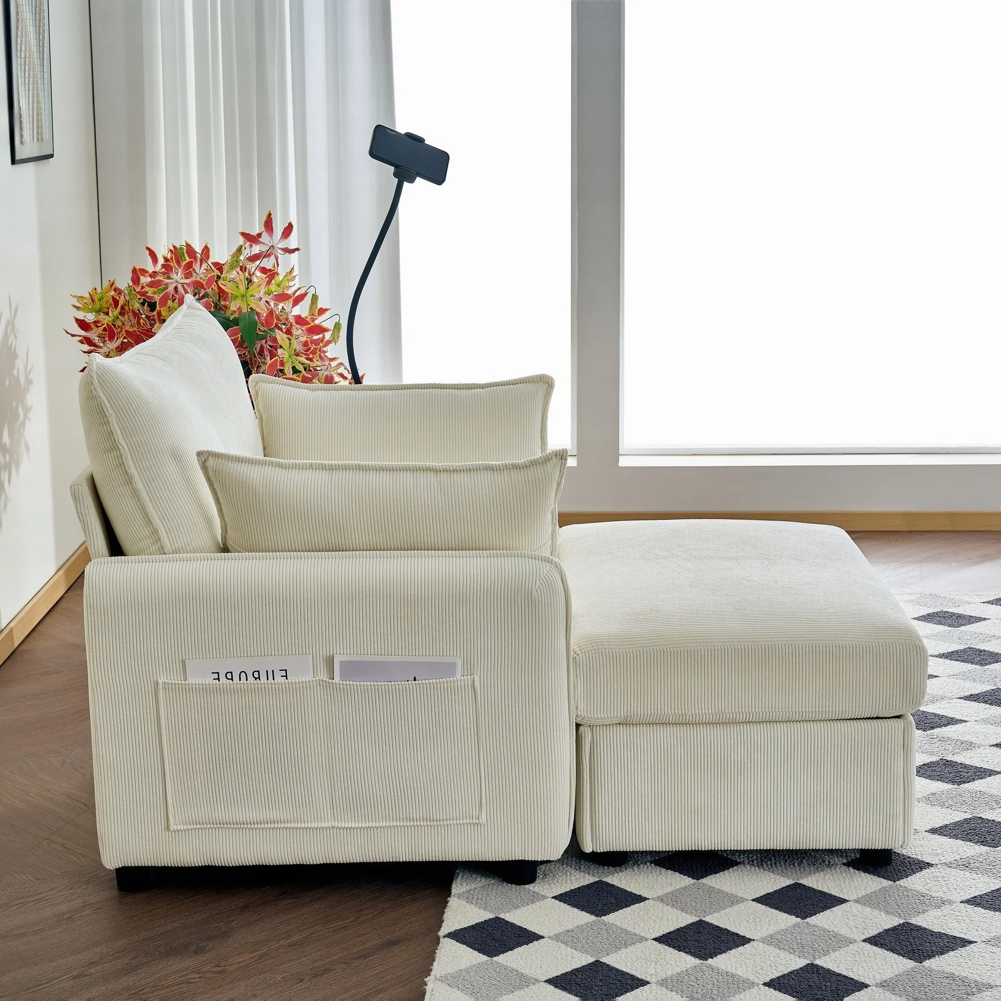 Oversized Chaise Lounge Chair with Ottoman and Storage in Beige - Image 6