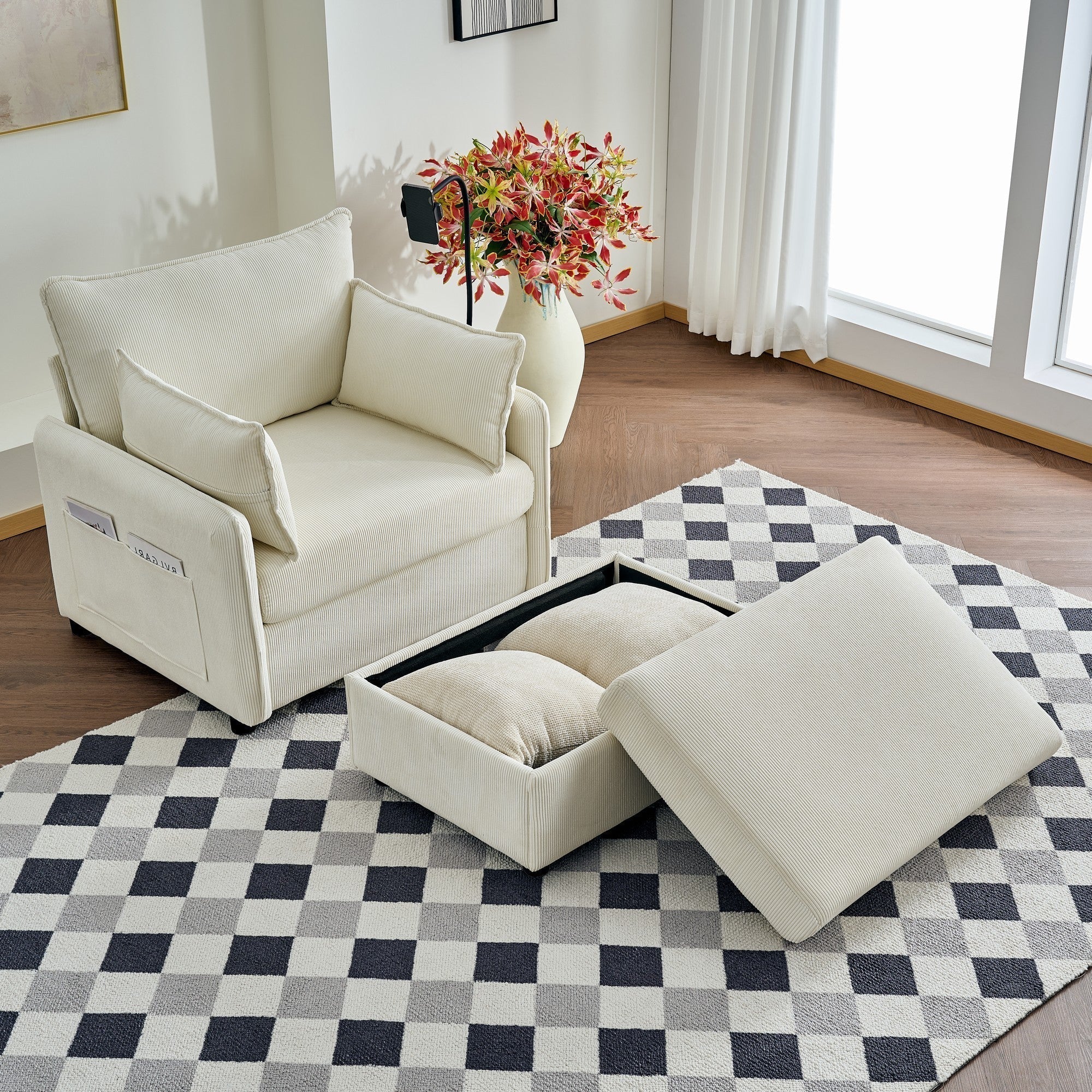 Oversized Chaise Lounge Chair with Ottoman and Storage in Beige - Image 7