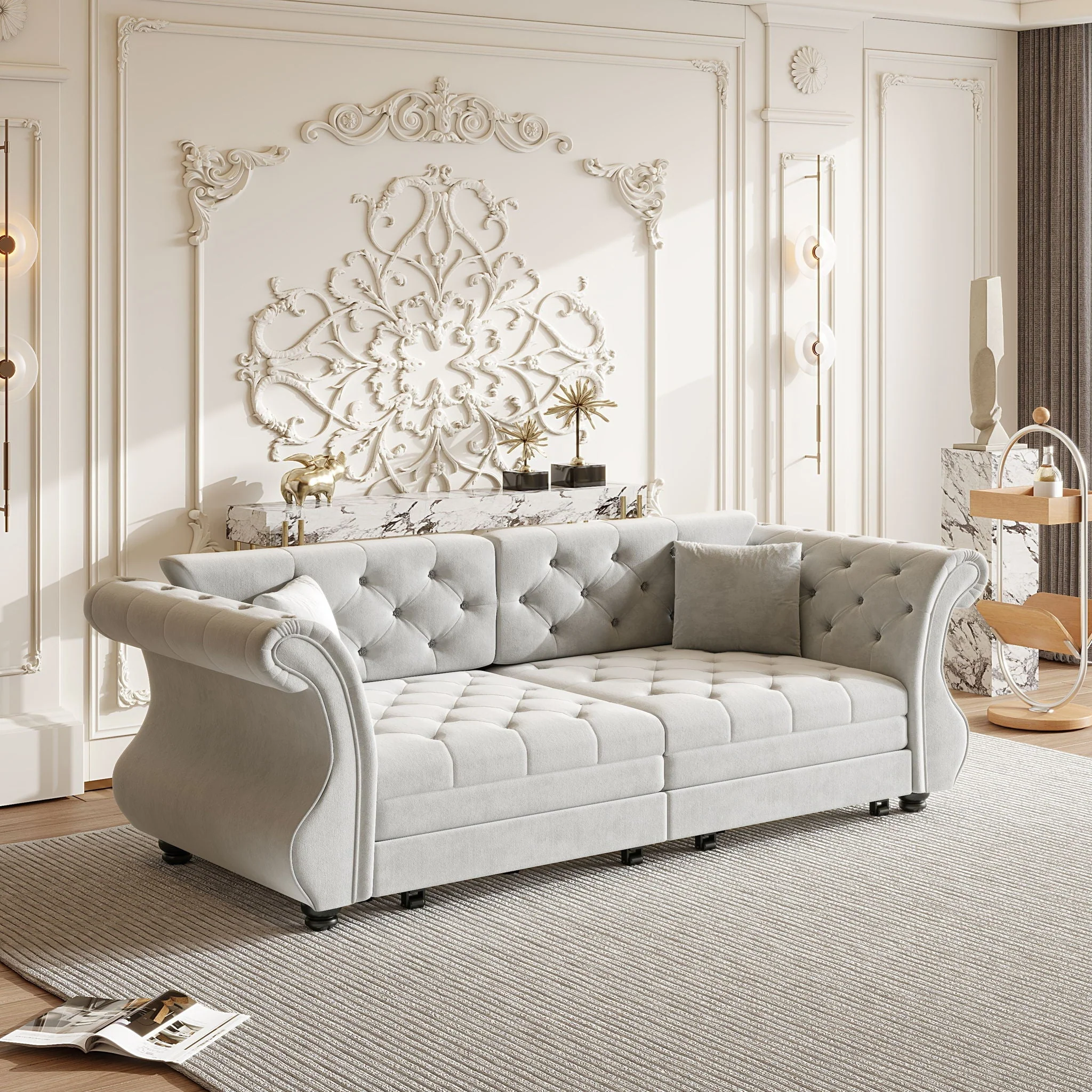 Oversized Chesterfield Pull Out Sofa Bed, Roll Arm Couch With Flower Tufting For Living Room - Image 10