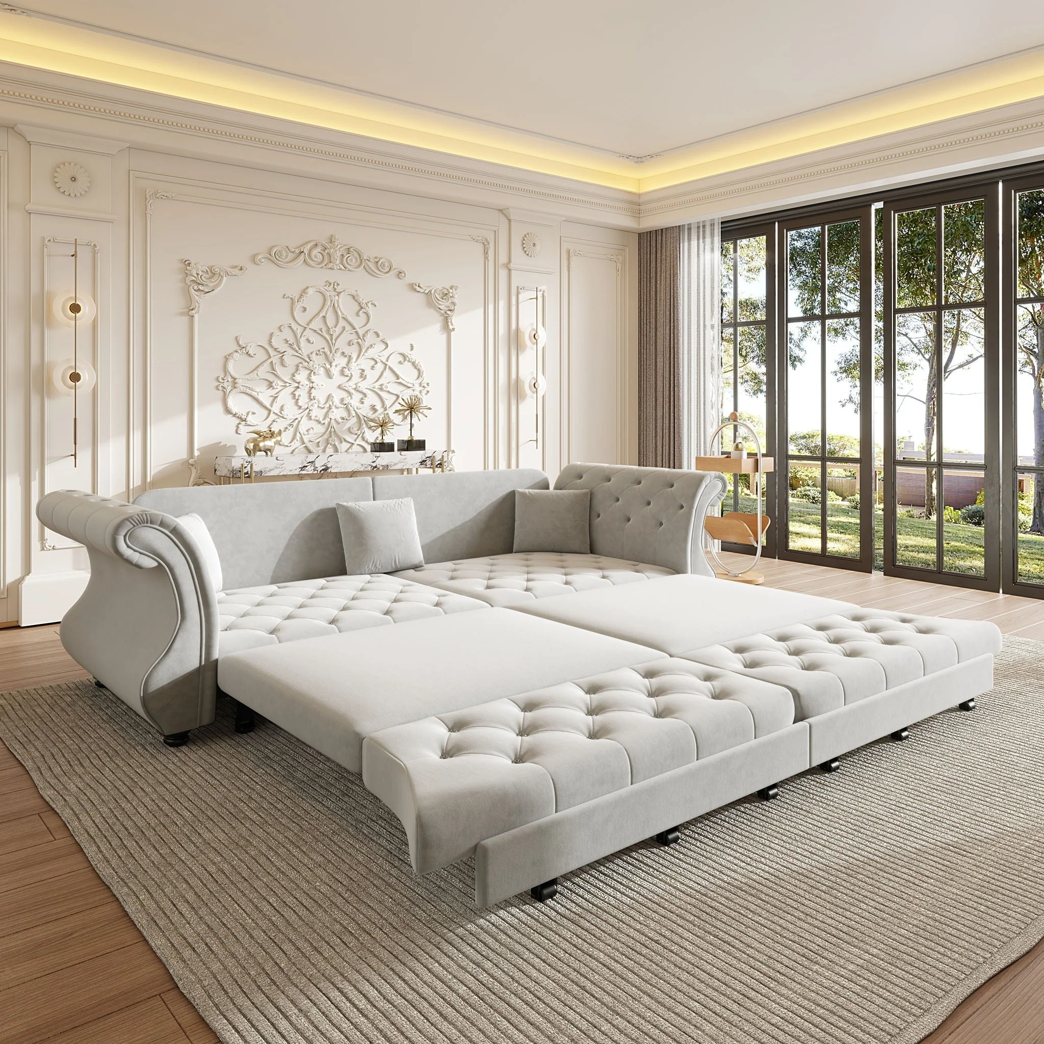 Oversized Chesterfield Pull Out Sofa Bed, Roll Arm Couch With Flower Tufting For Living Room - Image 11