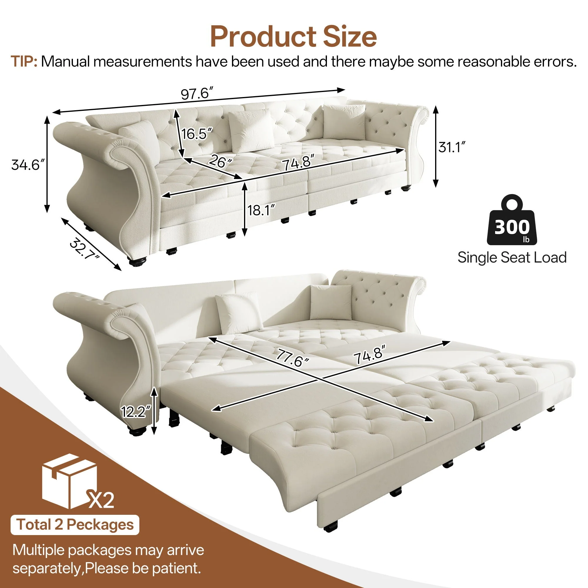 Oversized Chesterfield Pull Out Sofa Bed, Roll Arm Couch With Flower Tufting For Living Room - Image 12
