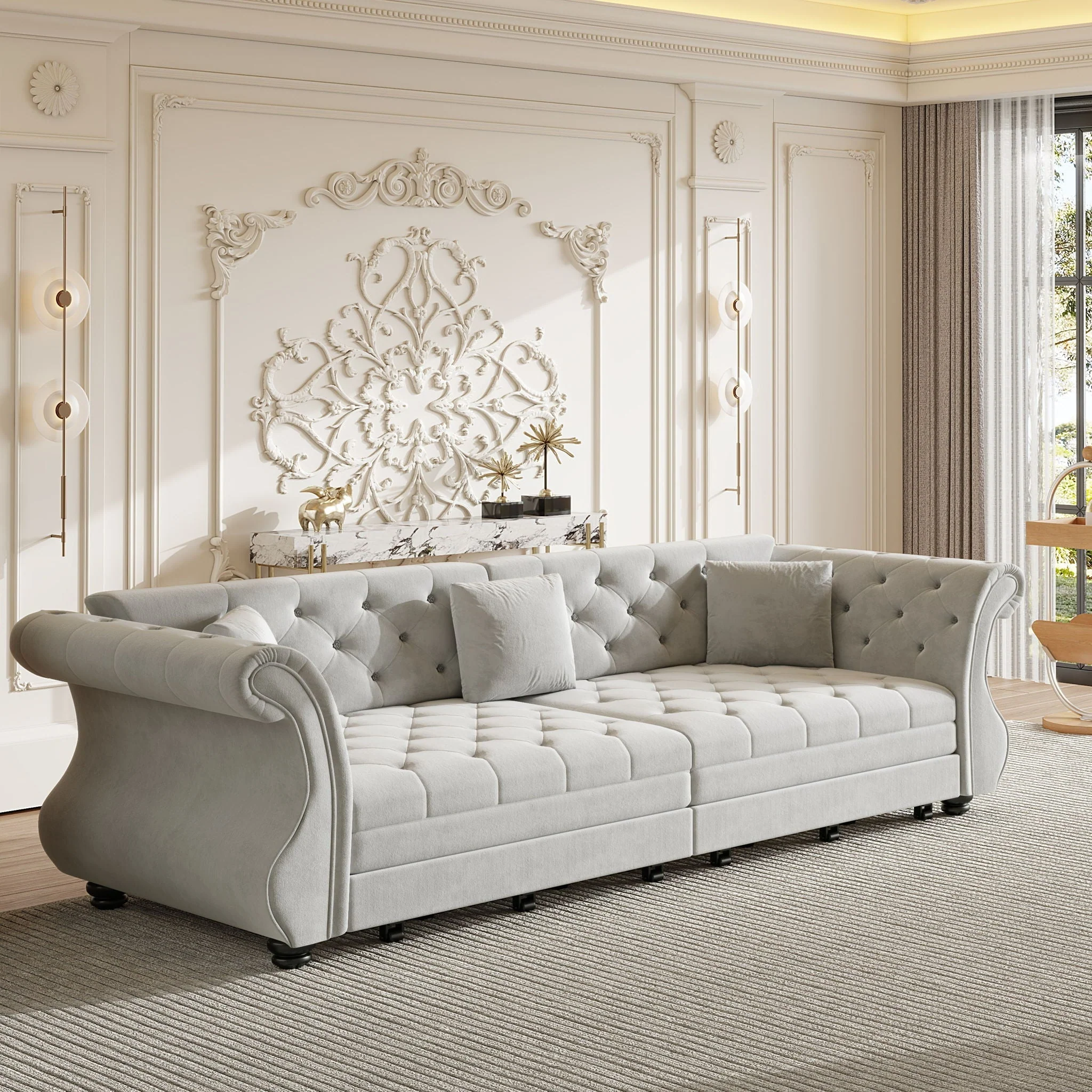 Oversized Chesterfield Pull Out Sofa Bed, Roll Arm Couch With Flower Tufting For Living Room - Image 13