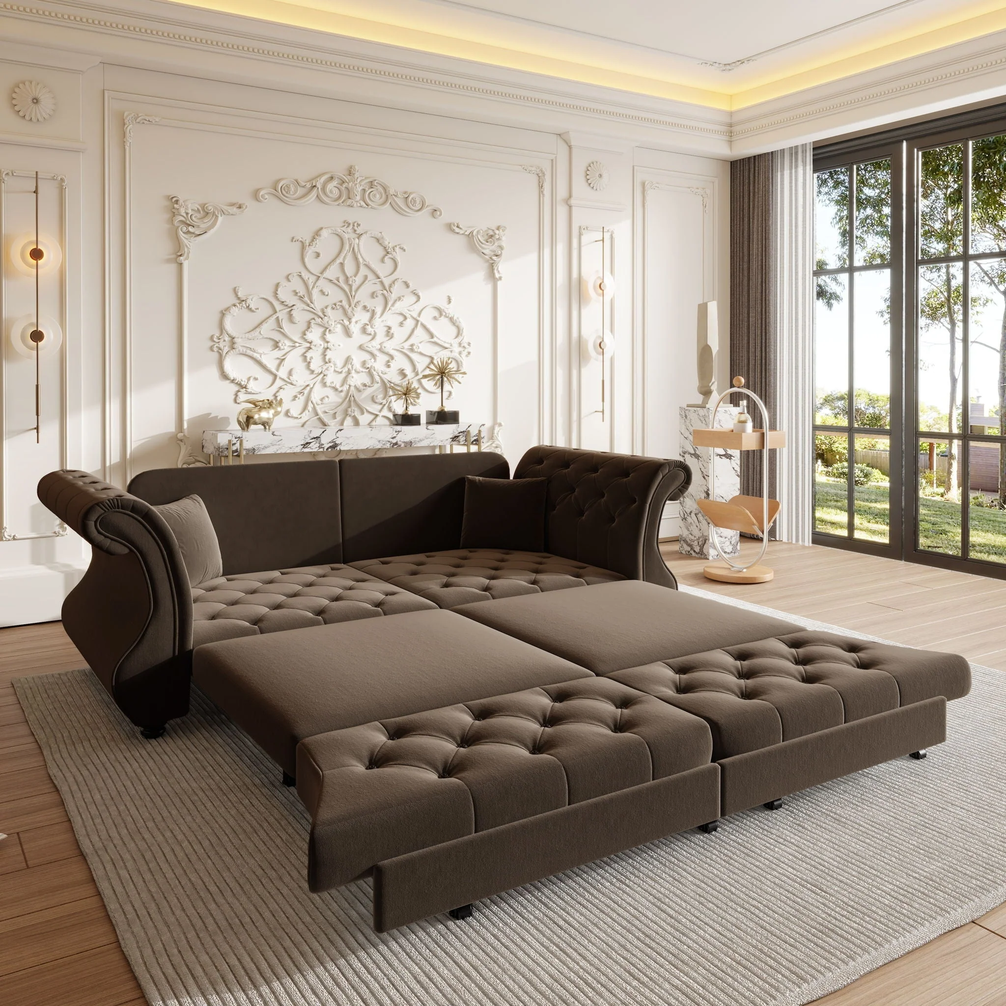 Oversized Chesterfield Pull Out Sofa Bed, Roll Arm Couch With Flower Tufting For Living Room - Image 14