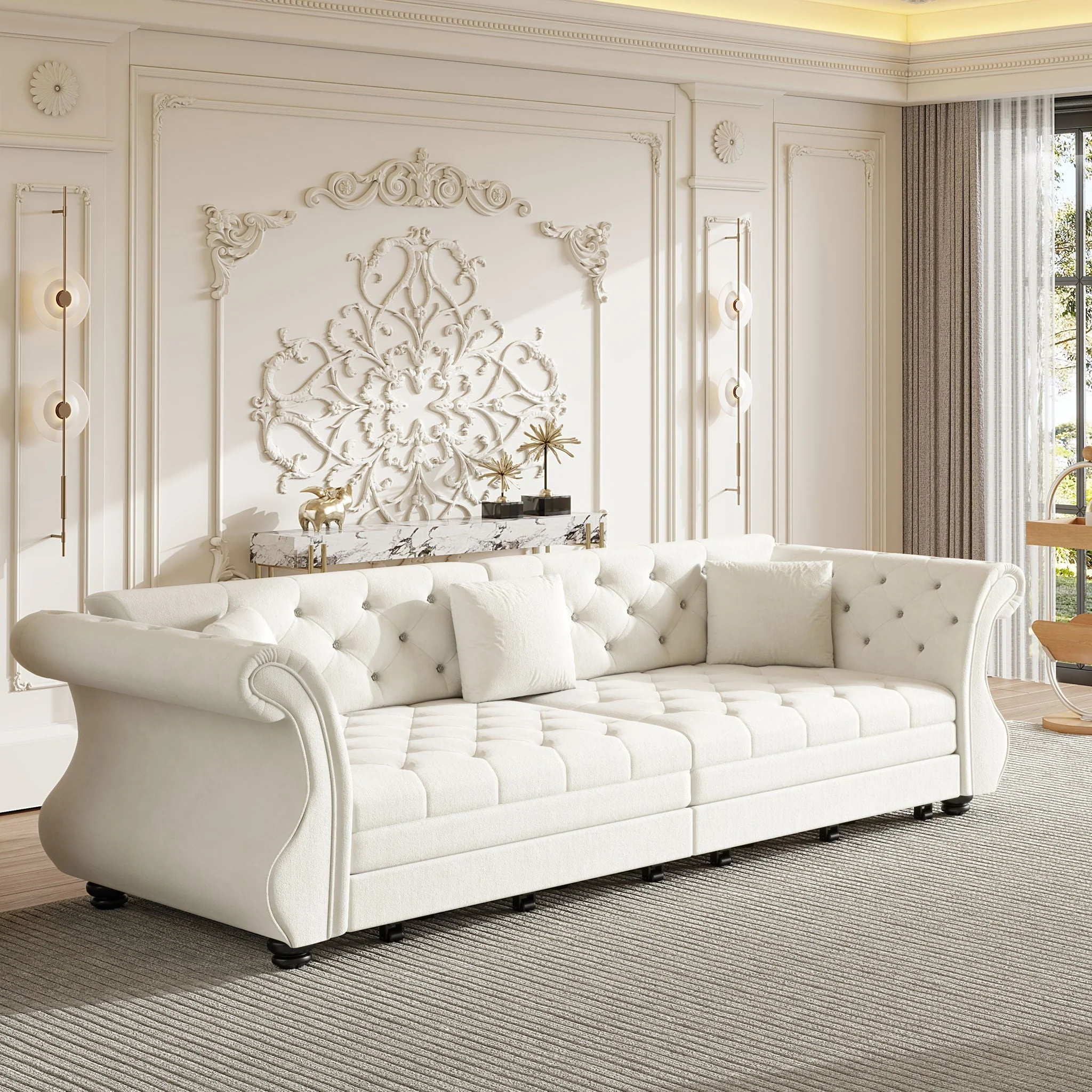 Oversized Chesterfield Pull Out Sofa Bed, Roll Arm Couch With Flower Tufting For Living Room - Image 15
