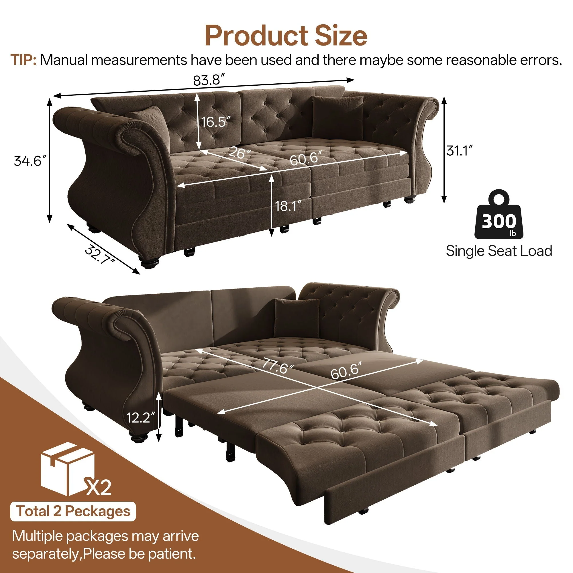 Oversized Chesterfield Pull Out Sofa Bed, Roll Arm Couch With Flower Tufting For Living Room - Image 16