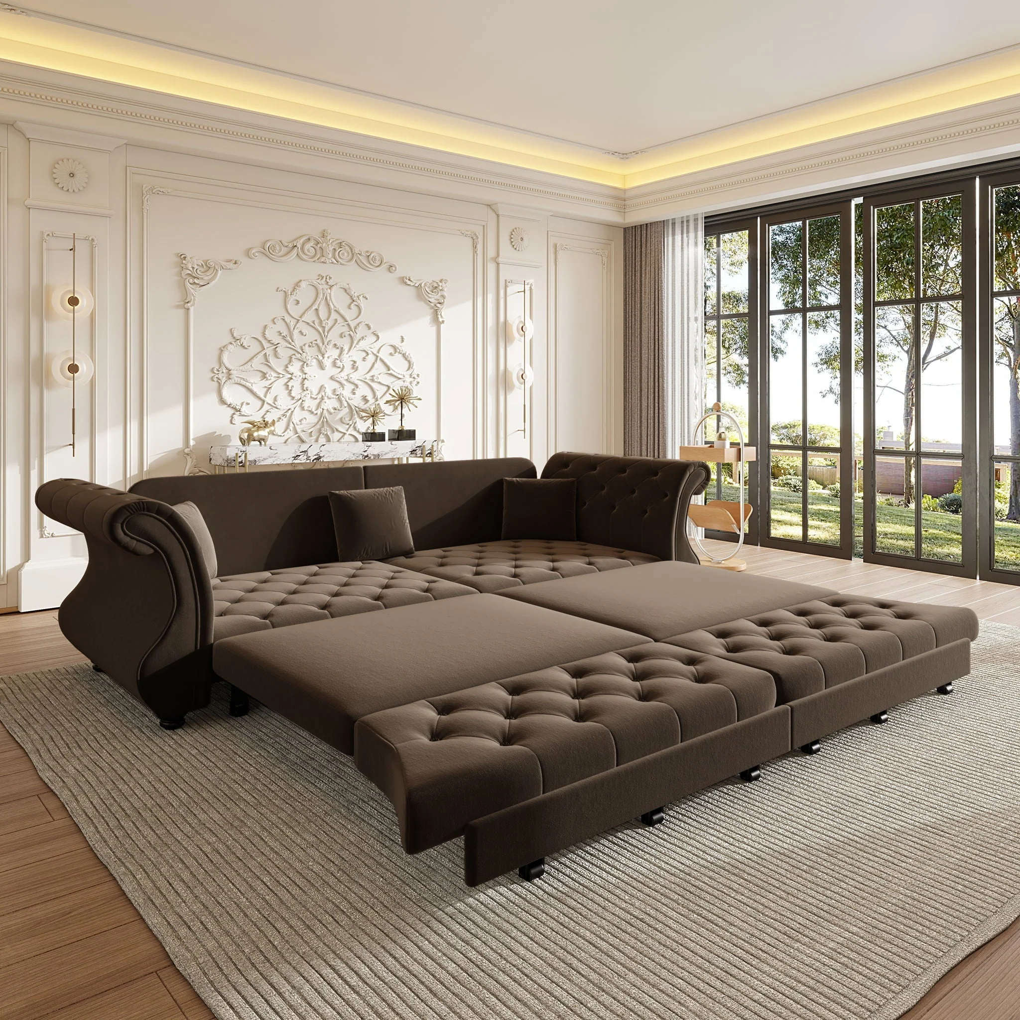 Oversized Chesterfield Pull Out Sofa Bed, Roll Arm Couch With Flower Tufting For Living Room - Image 17