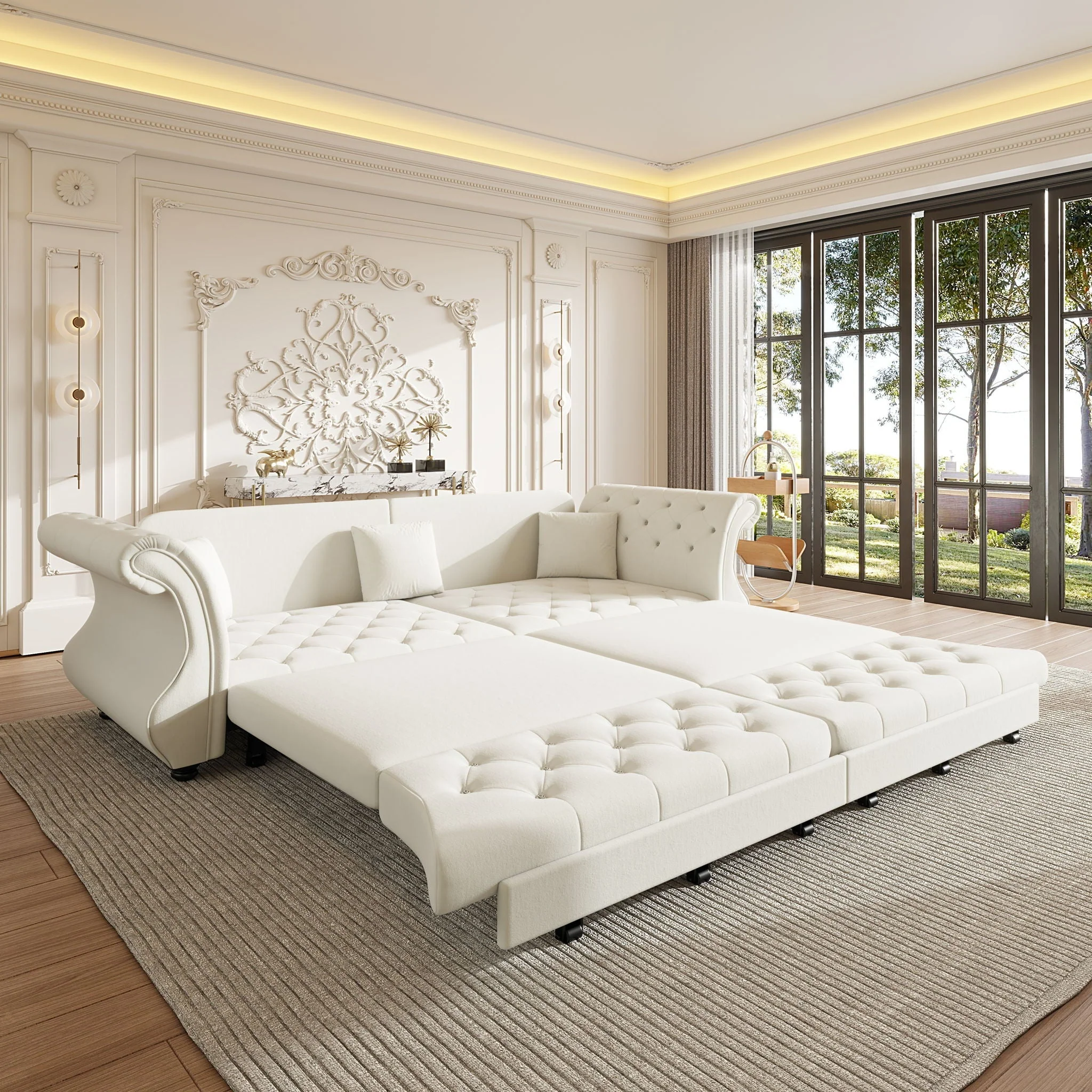Oversized Chesterfield Pull Out Sofa Bed, Roll Arm Couch With Flower Tufting For Living Room - Image 18