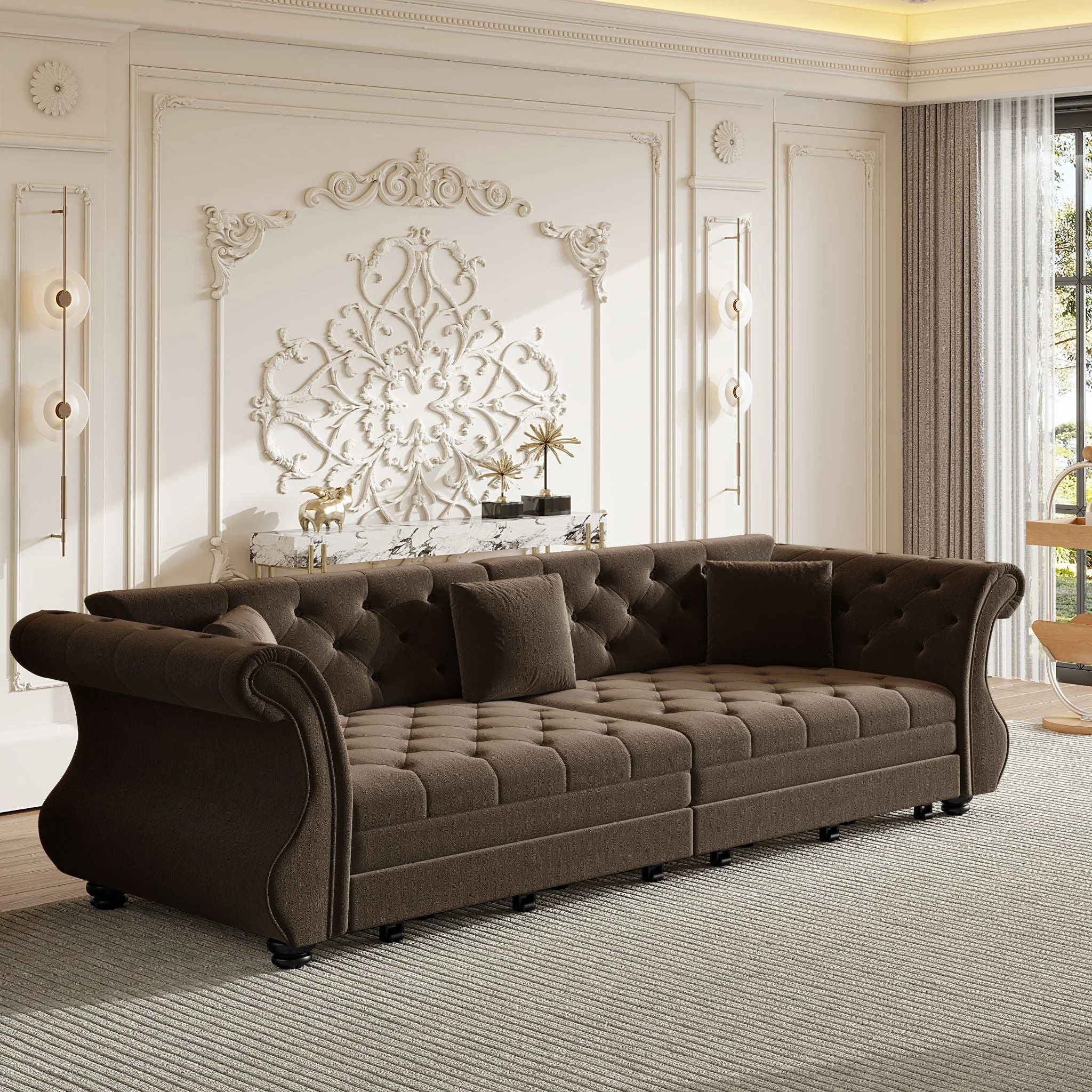 Oversized Chesterfield Pull Out Sofa Bed, Roll Arm Couch With Flower Tufting For Living Room - Image 19