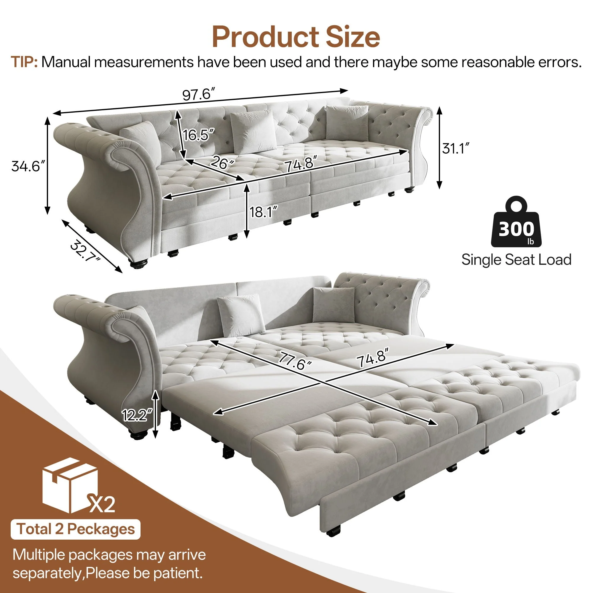 Oversized Chesterfield Pull Out Sofa Bed, Roll Arm Couch With Flower Tufting For Living Room - Image 20