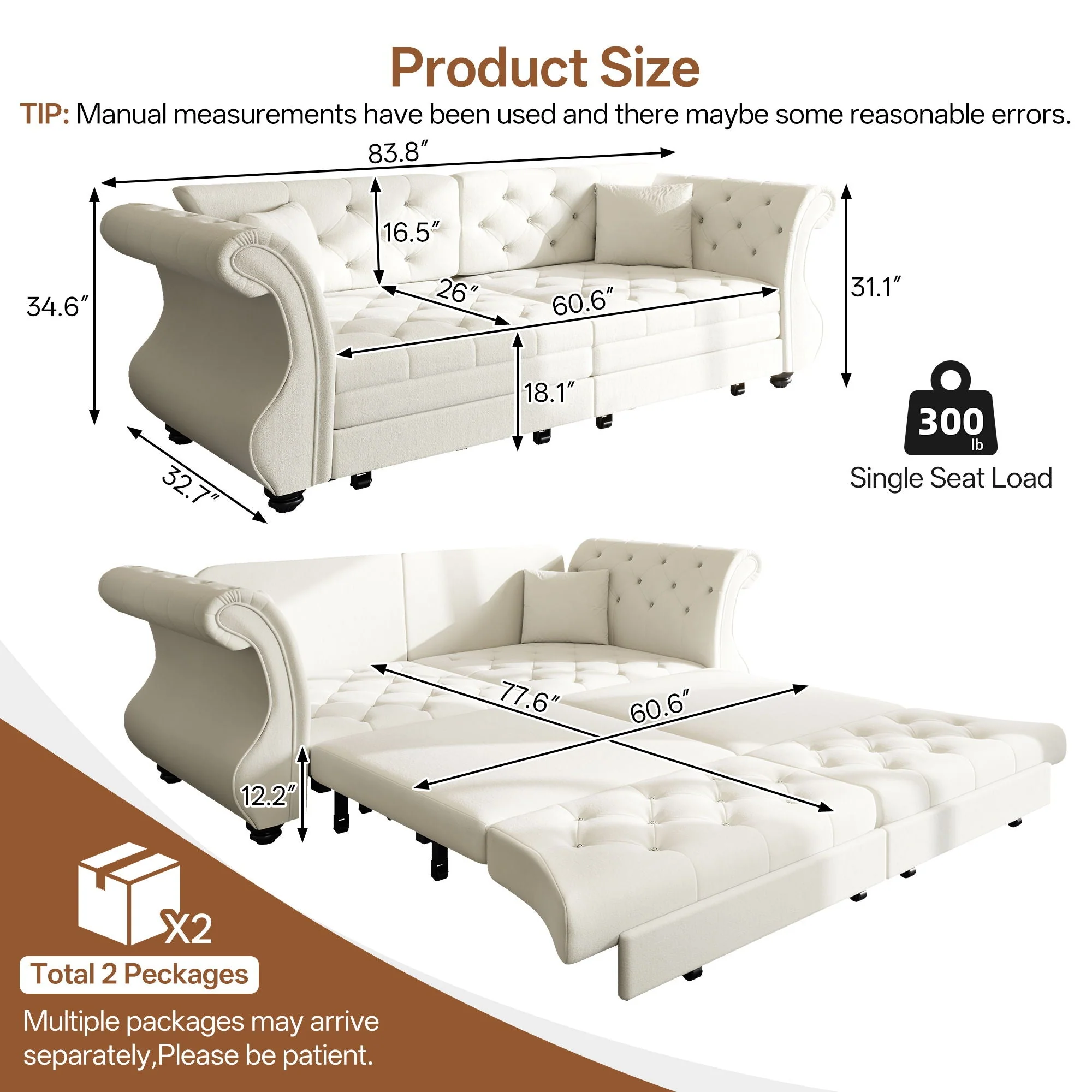 Oversized Chesterfield Pull Out Sofa Bed, Roll Arm Couch With Flower Tufting For Living Room - Image 21