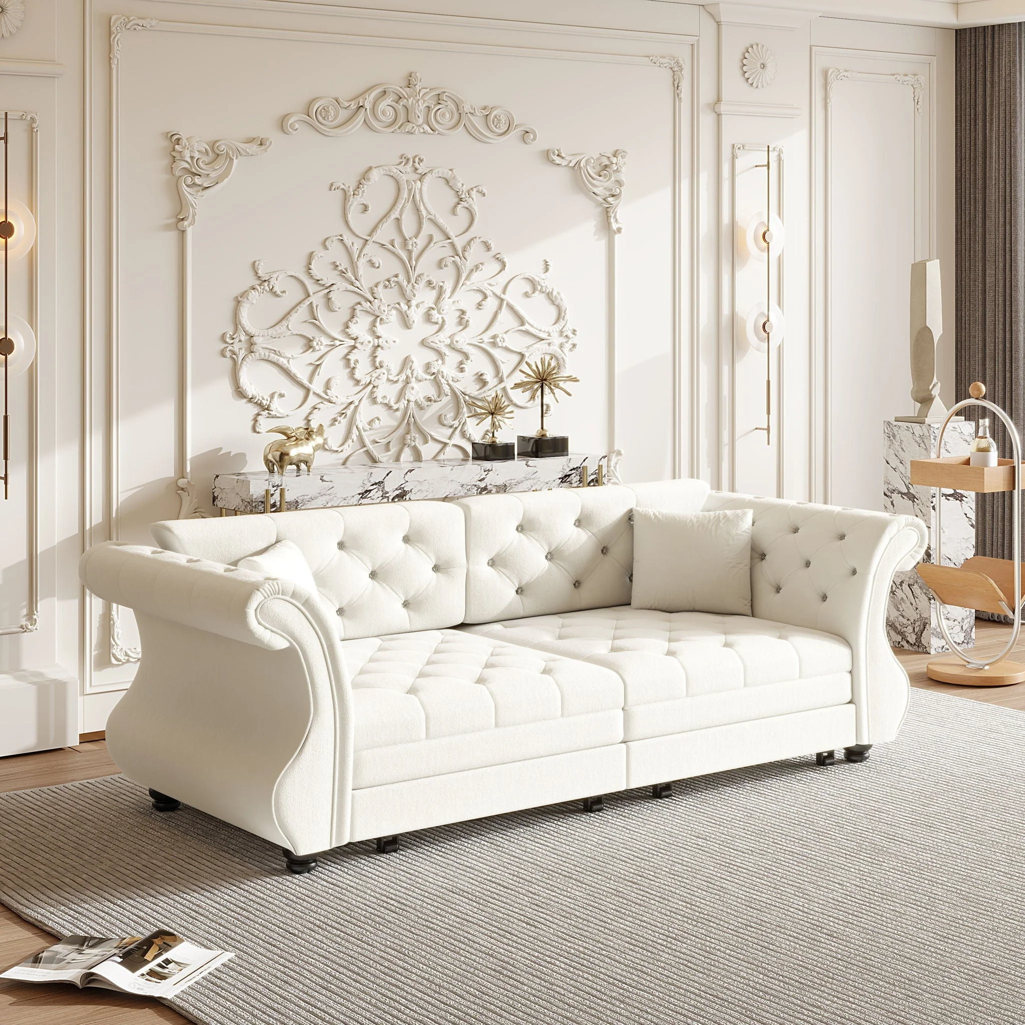 Oversized Chesterfield Pull Out Sofa Bed, Roll Arm Couch With Flower Tufting For Living Room - Image 22