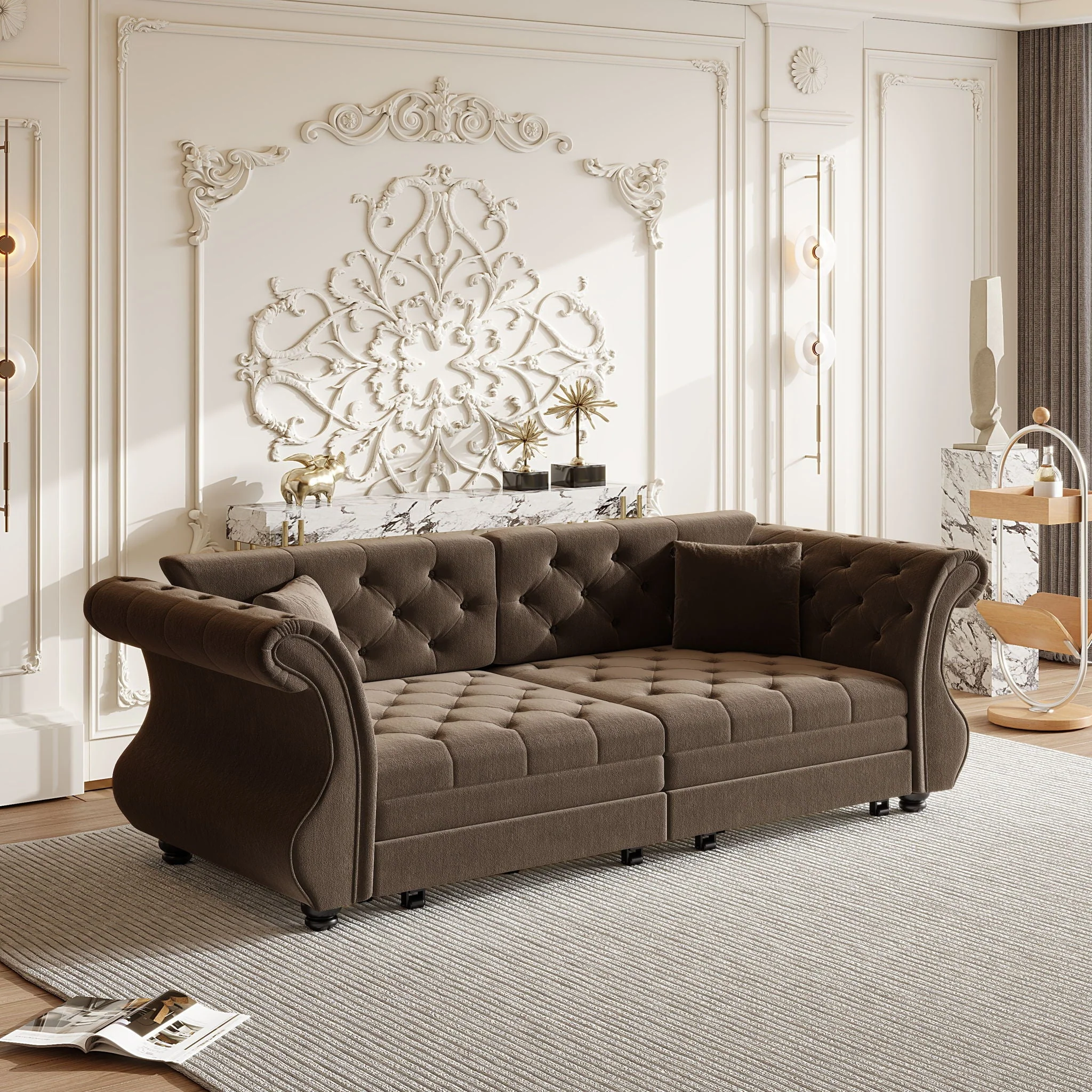Oversized Chesterfield Pull Out Sofa Bed, Roll Arm Couch With Flower Tufting For Living Room - Image 23