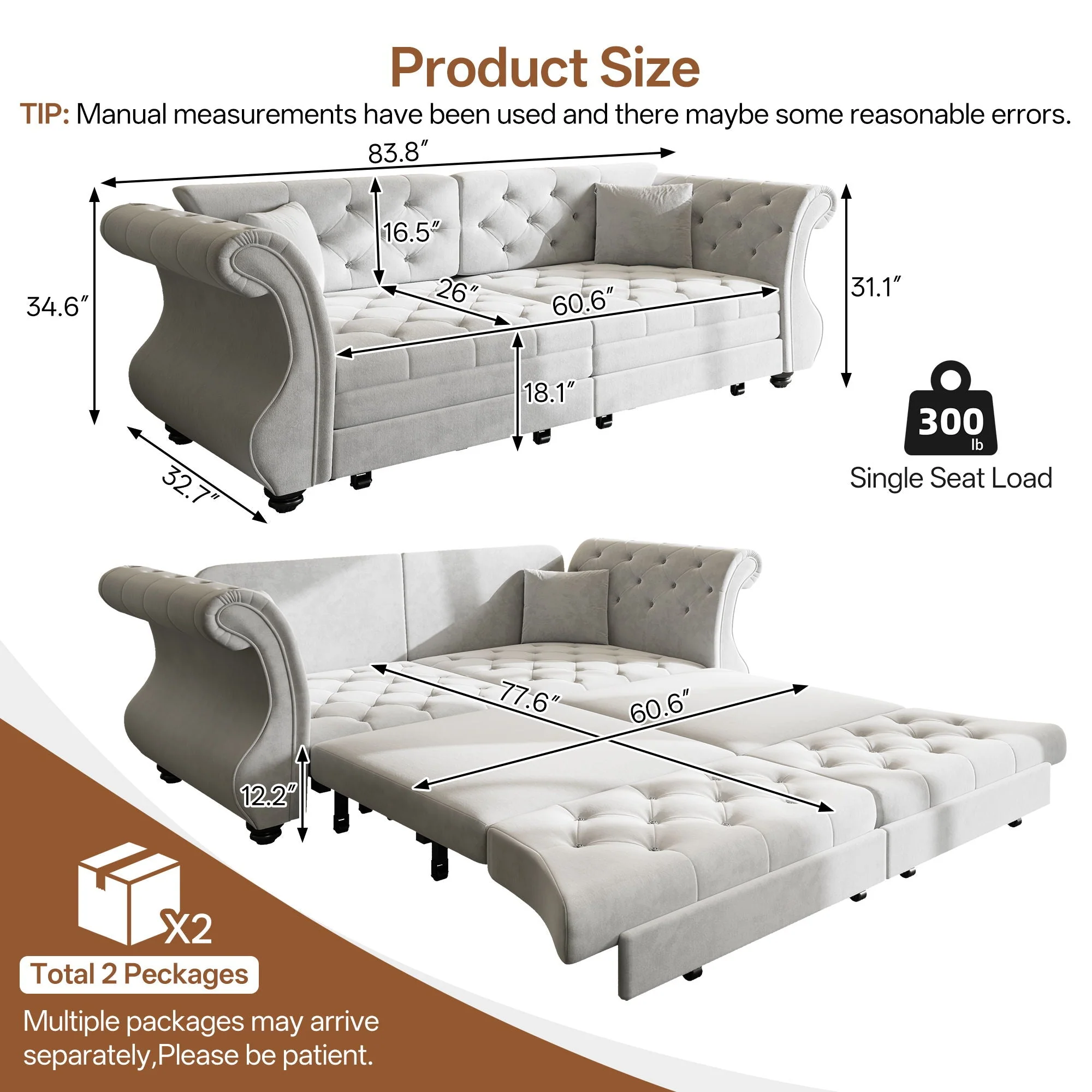 Oversized Chesterfield Pull Out Sofa Bed, Roll Arm Couch With Flower Tufting For Living Room - Image 24