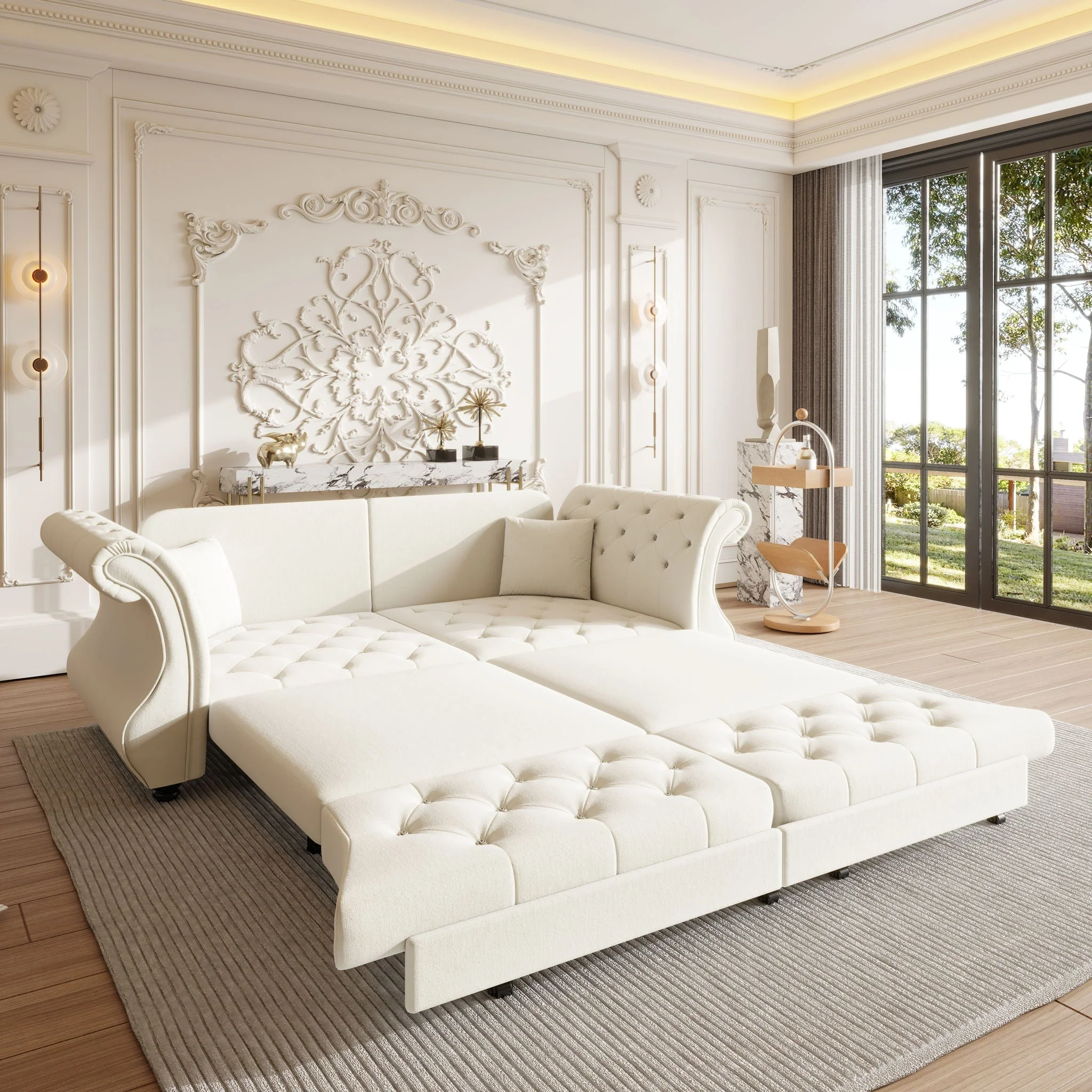 Oversized Chesterfield Pull Out Sofa Bed, Roll Arm Couch With Flower Tufting For Living Room - Image 7