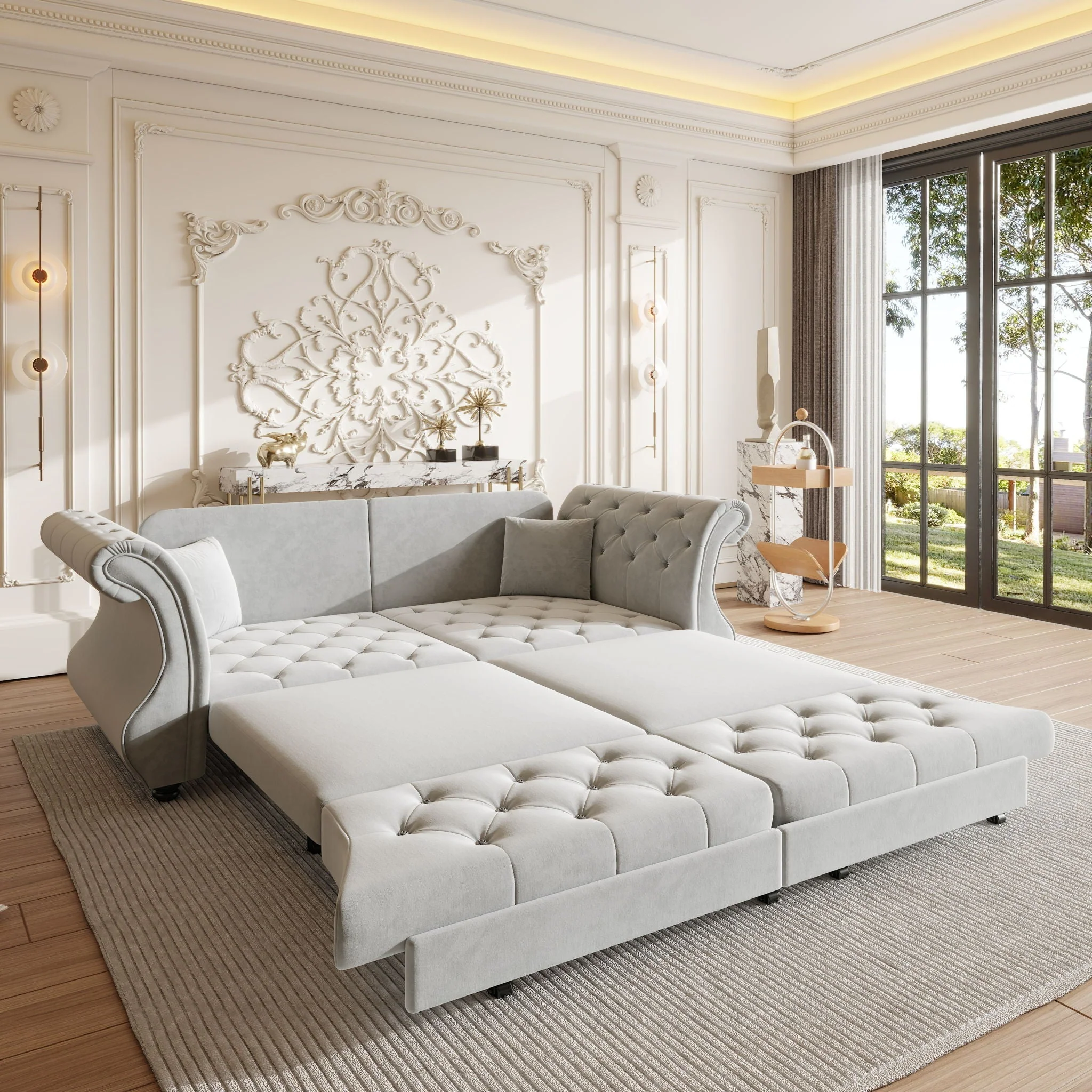 Oversized Chesterfield Pull Out Sofa Bed, Roll Arm Couch With Flower Tufting For Living Room - Image 8