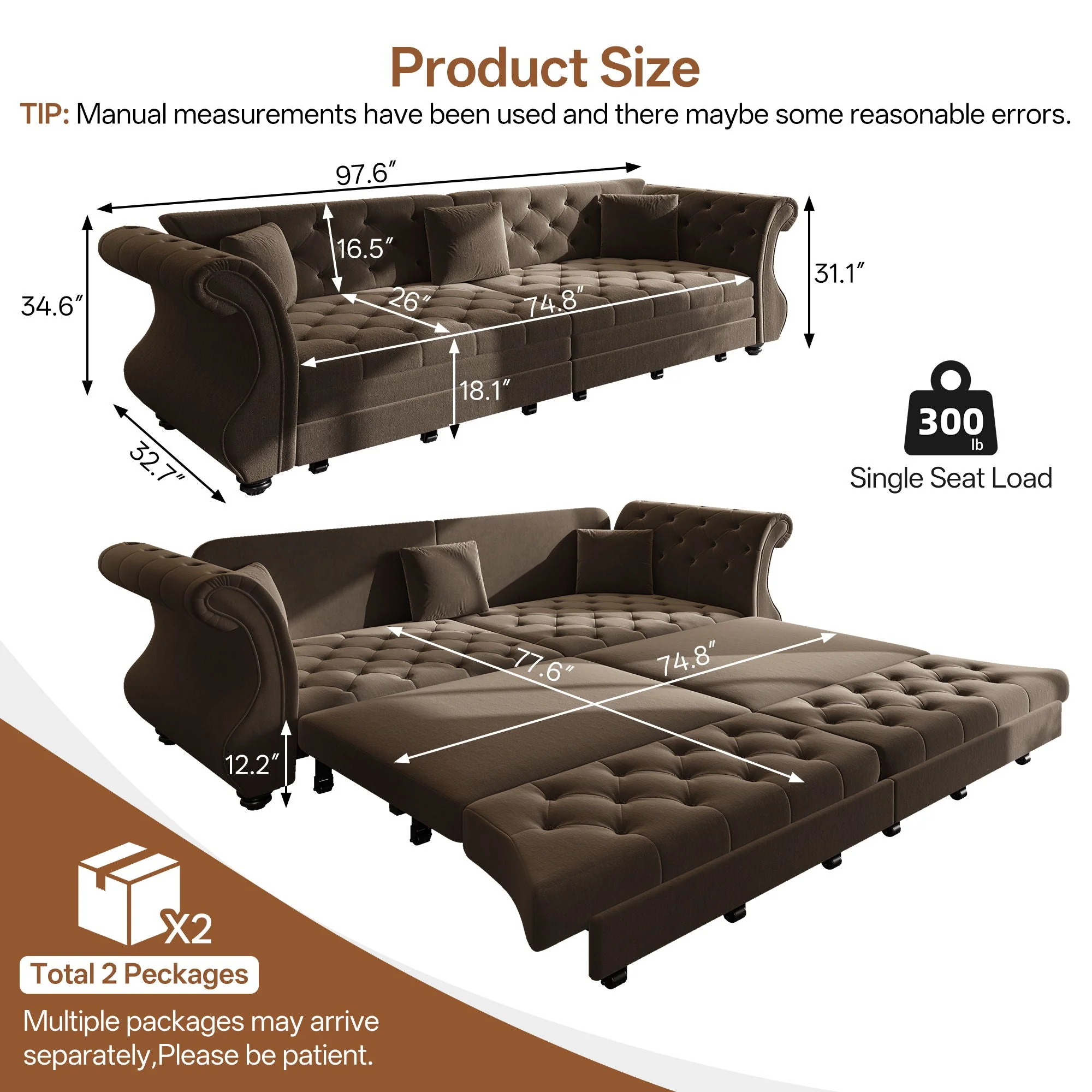 Oversized Chesterfield Pull Out Sofa Bed, Roll Arm Couch With Flower Tufting For Living Room - Image 9
