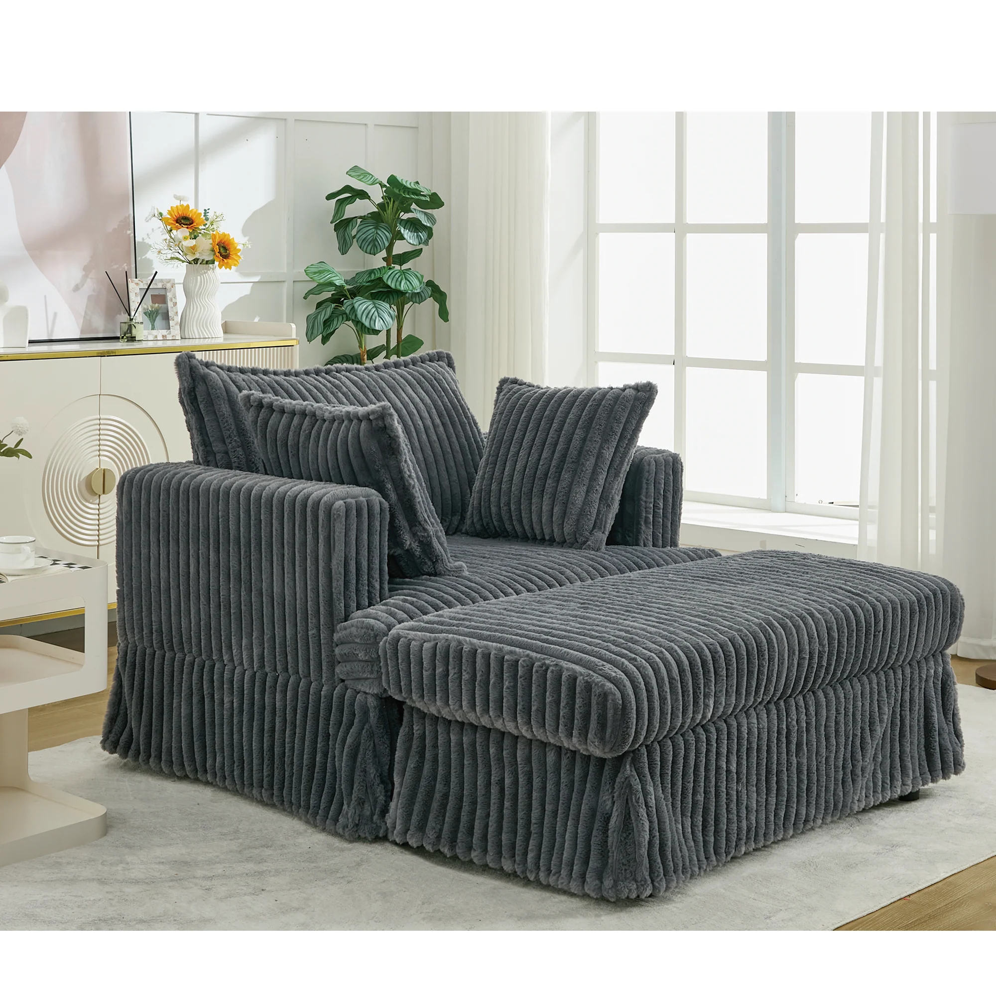 Oversized Corduroy Chaise Lounge with Ottoman in Dark Gray - Image 10