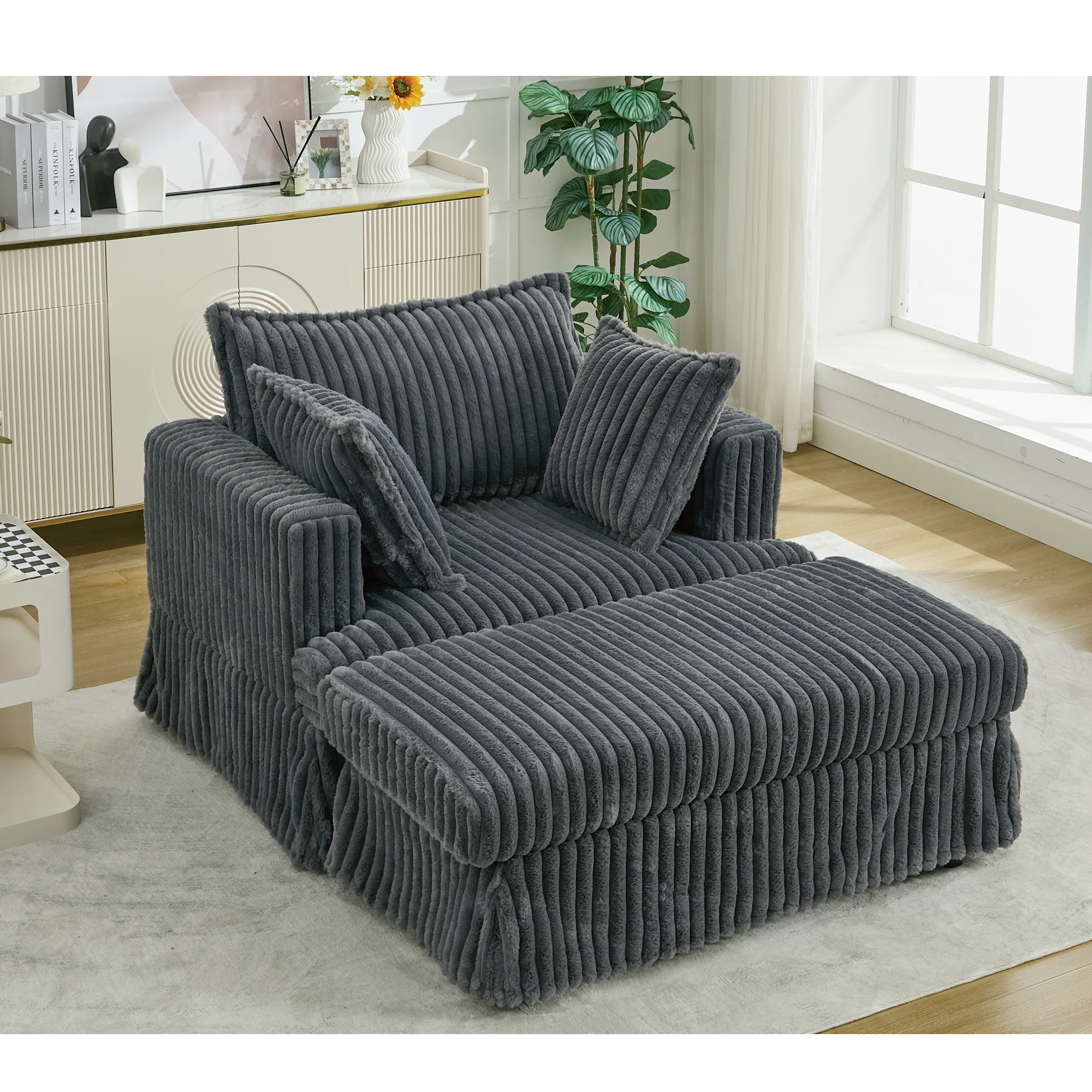 Oversized Corduroy Chaise Lounge with Ottoman in Dark Gray - Image 11