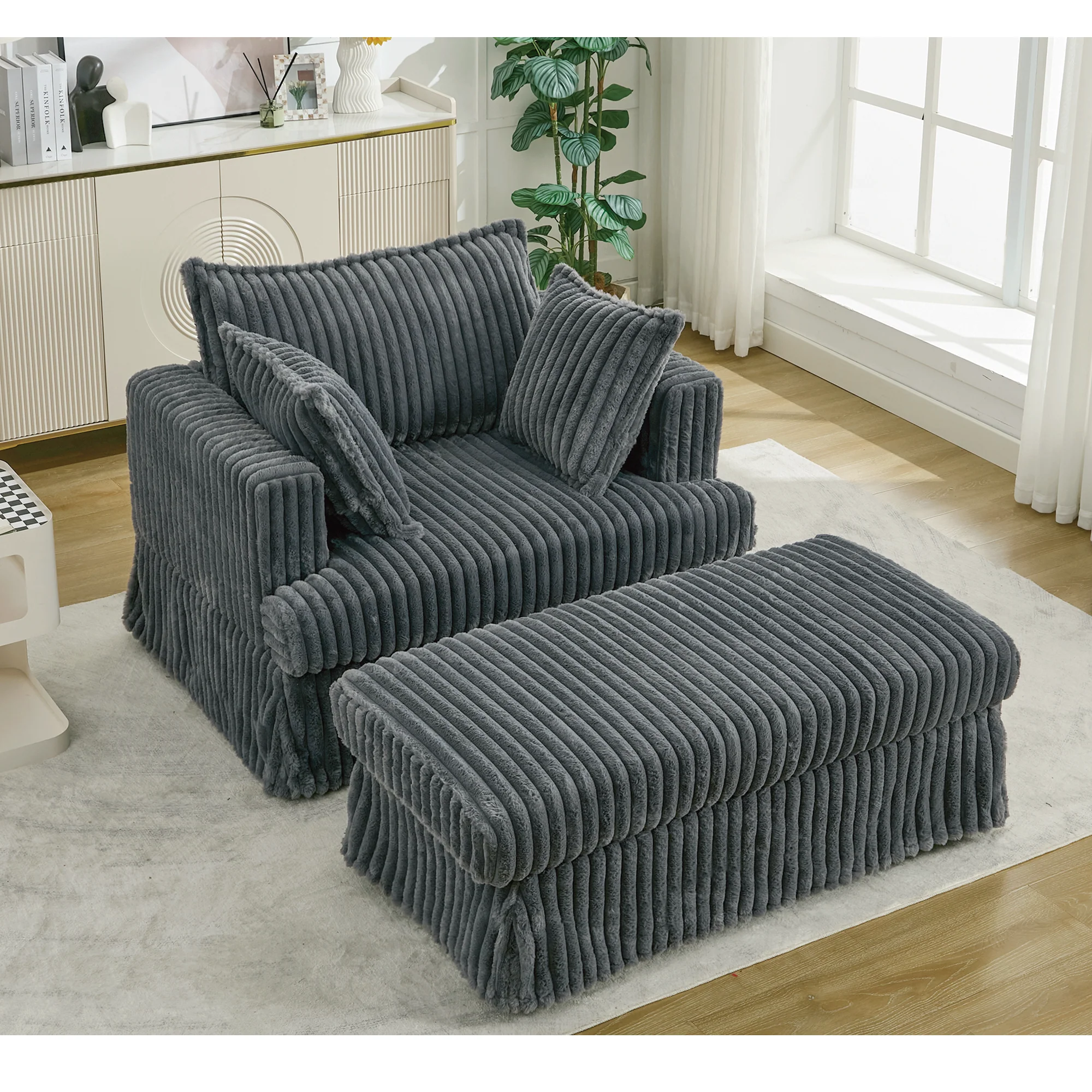 Oversized Corduroy Chaise Lounge with Ottoman in Dark Gray - Image 12