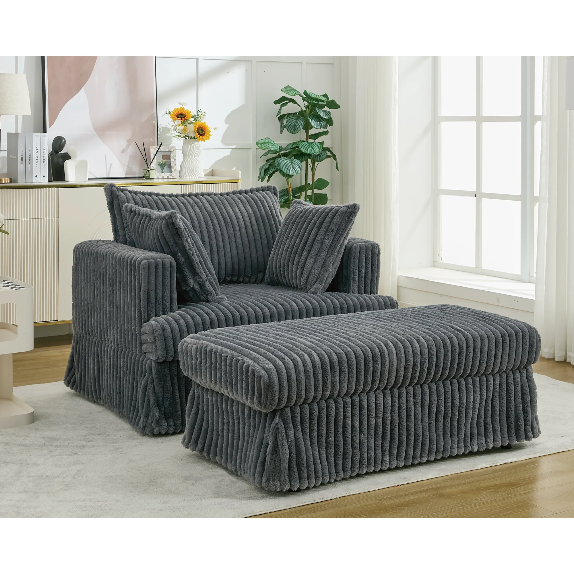 Oversized Corduroy Chaise Lounge with Ottoman in Dark Gray - Image 13