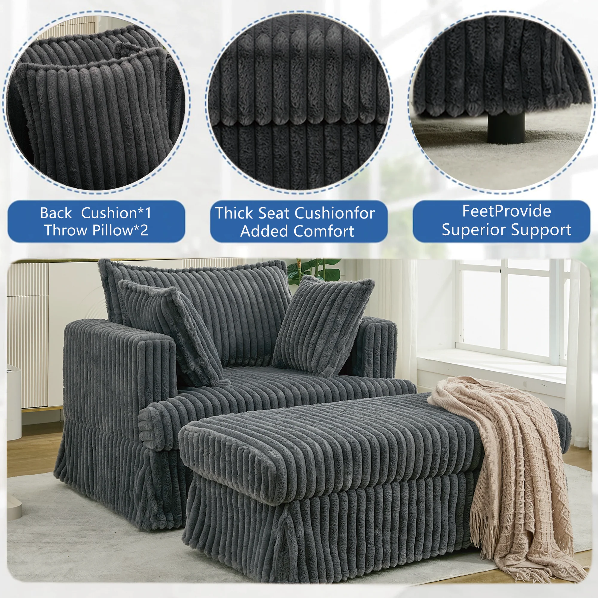 Oversized Corduroy Chaise Lounge with Ottoman in Dark Gray - Image 14