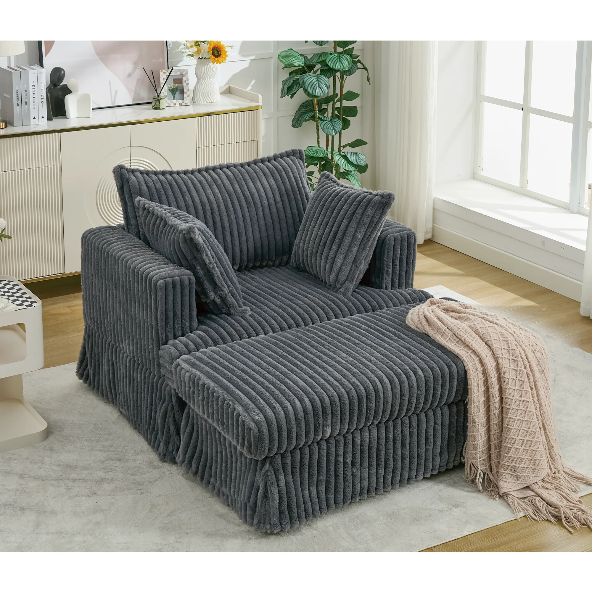 Oversized Corduroy Chaise Lounge with Ottoman in Dark Gray - Image 2