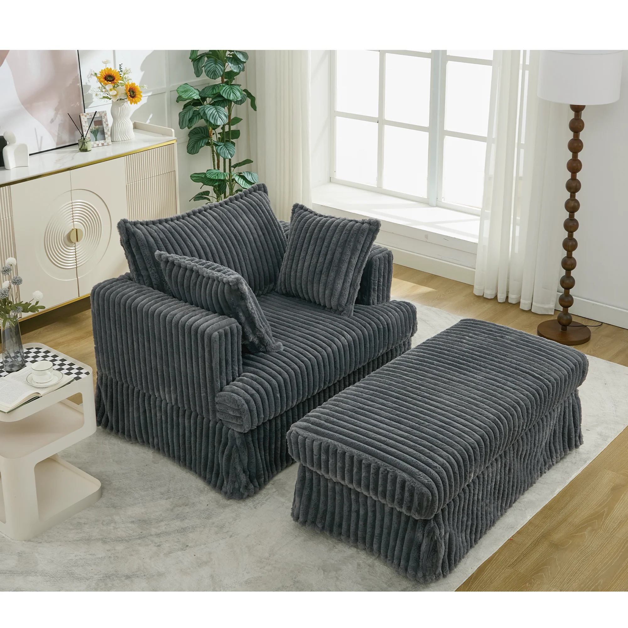 Oversized Corduroy Chaise Lounge with Ottoman in Dark Gray - Image 21