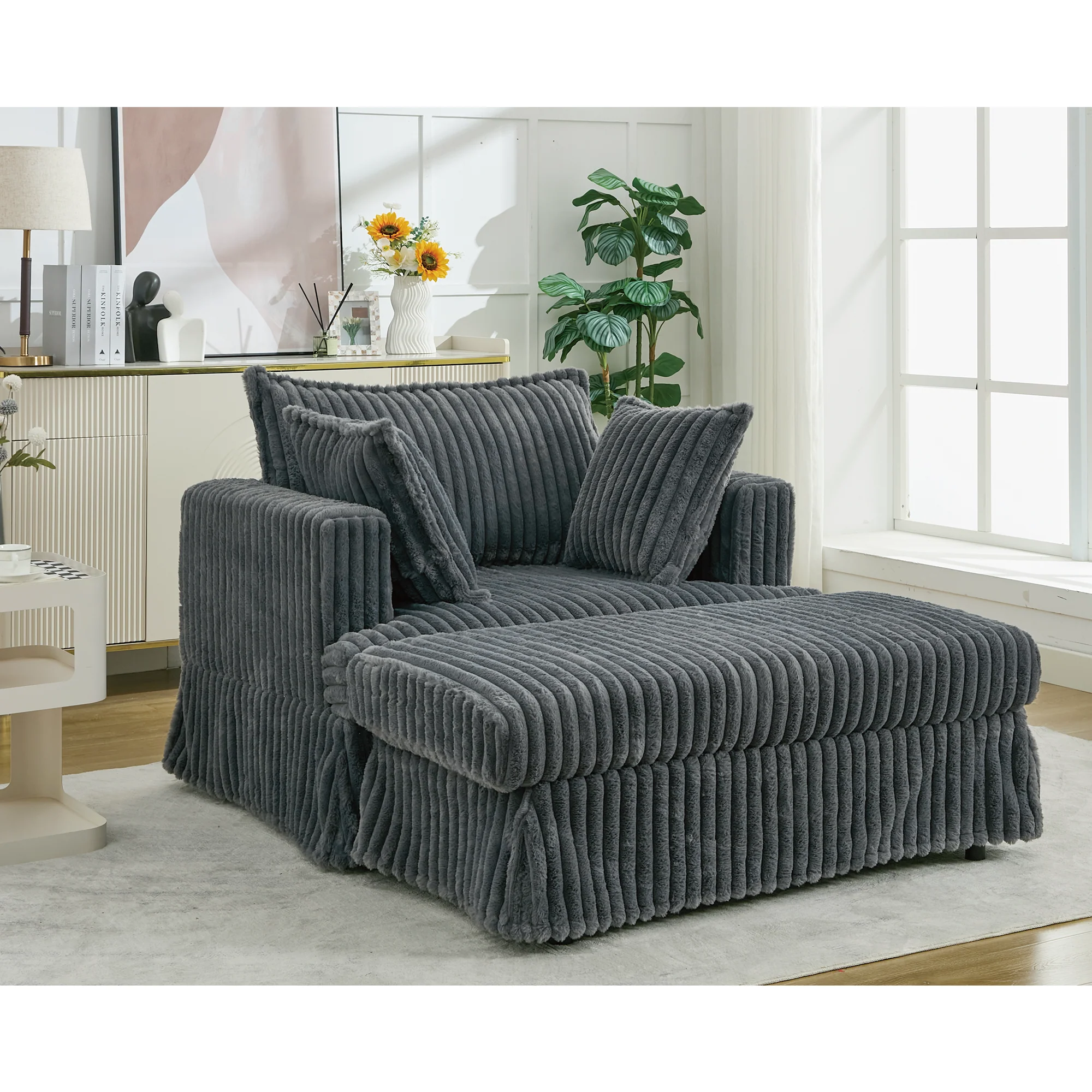 Oversized Corduroy Chaise Lounge with Ottoman in Dark Gray - Image 22