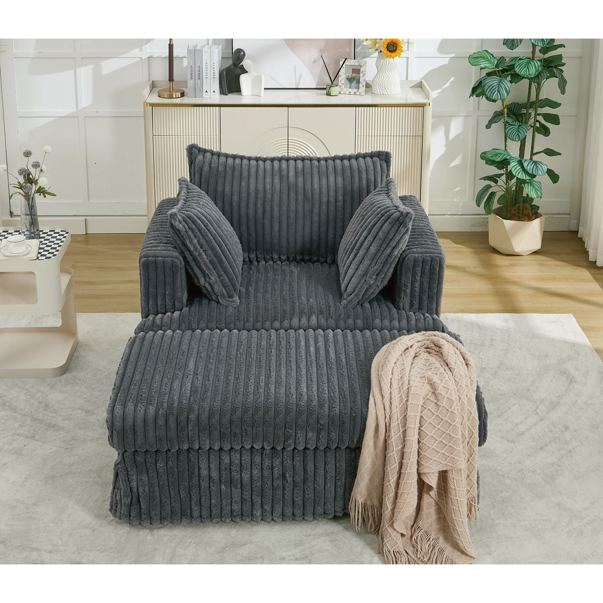 Oversized Corduroy Chaise Lounge with Ottoman in Dark Gray - Image 3