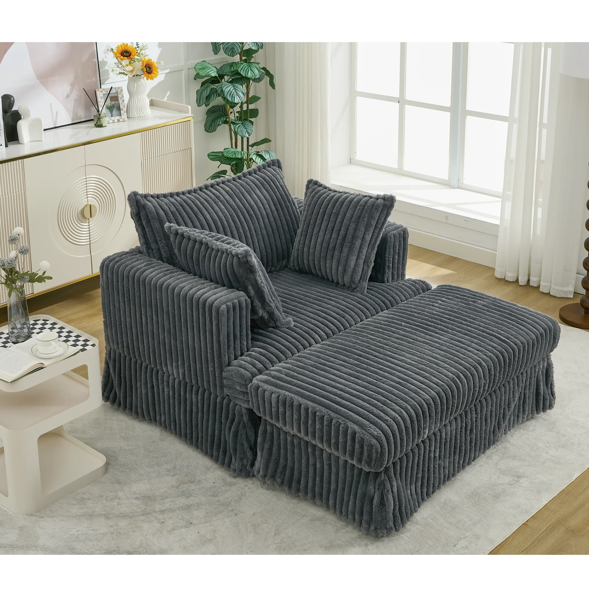 Oversized Corduroy Chaise Lounge with Ottoman in Dark Gray - Image 4