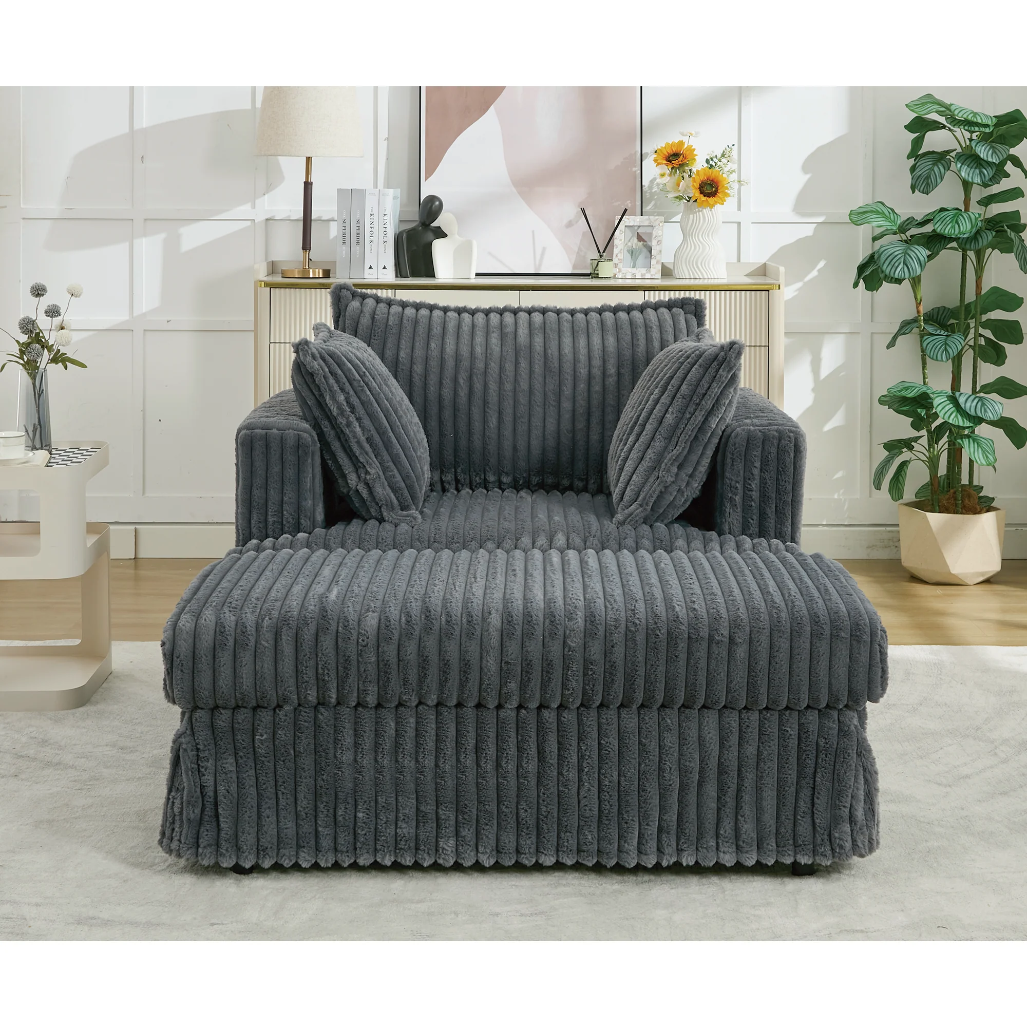 Oversized Corduroy Chaise Lounge with Ottoman in Dark Gray - Image 5